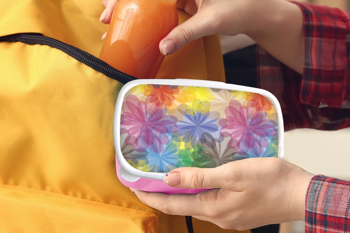MuchoWow Lunchbox Regenbogen - Blumen - Kinder, Abstrakt Mädchen, Snackbox, rosa Muster, - Kunststoff, Erwachsene, Kunststoff für (2-tlg), Brotdose Brotbox