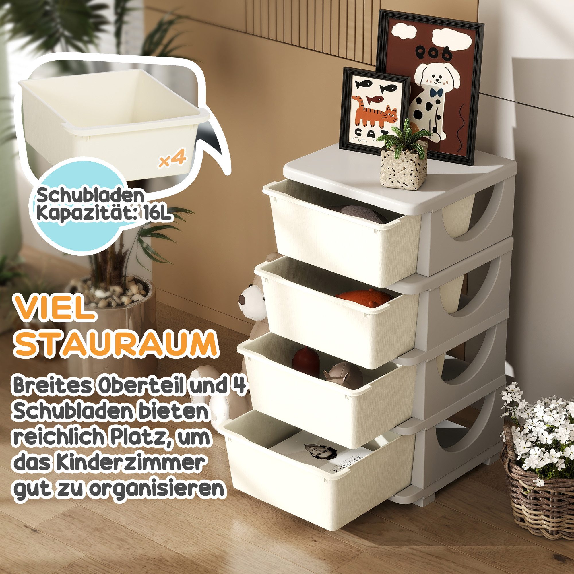 HOMCOM Spielzeugtruhe Schubladenschrank mit Stauraum, Spielzeugkiste, drei Ebenen (Spielzeugkiste, 1 St., Spielzeug-Organizer), für Kinderzimmer 3-6 Jahre Kinde – Bild 4 von 5