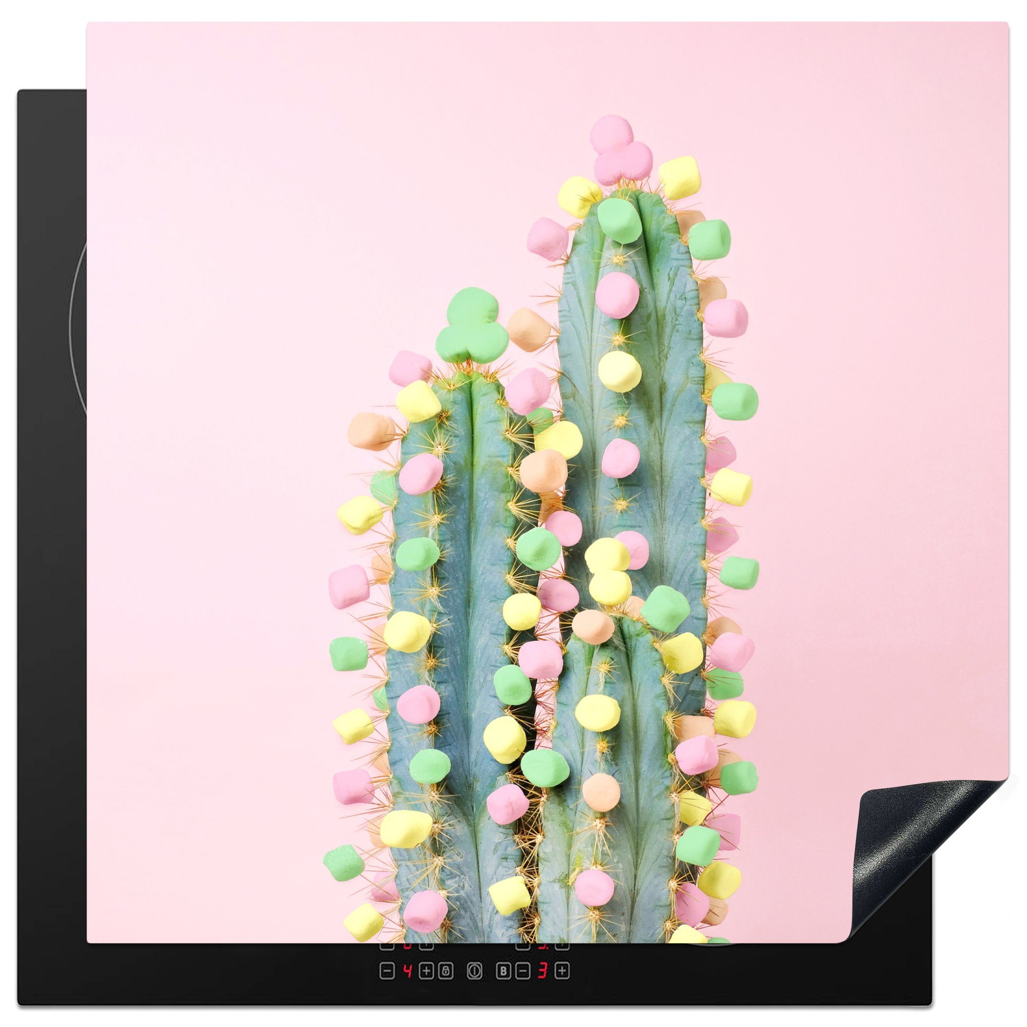 MuchoWow Herdblende-/Abdeckplatte Kaktus mit Marshmallows verziert, Vinyl, (1 tlg), 78x78 cm, Ceranfeldabdeckung, Arbeitsplatte für küche