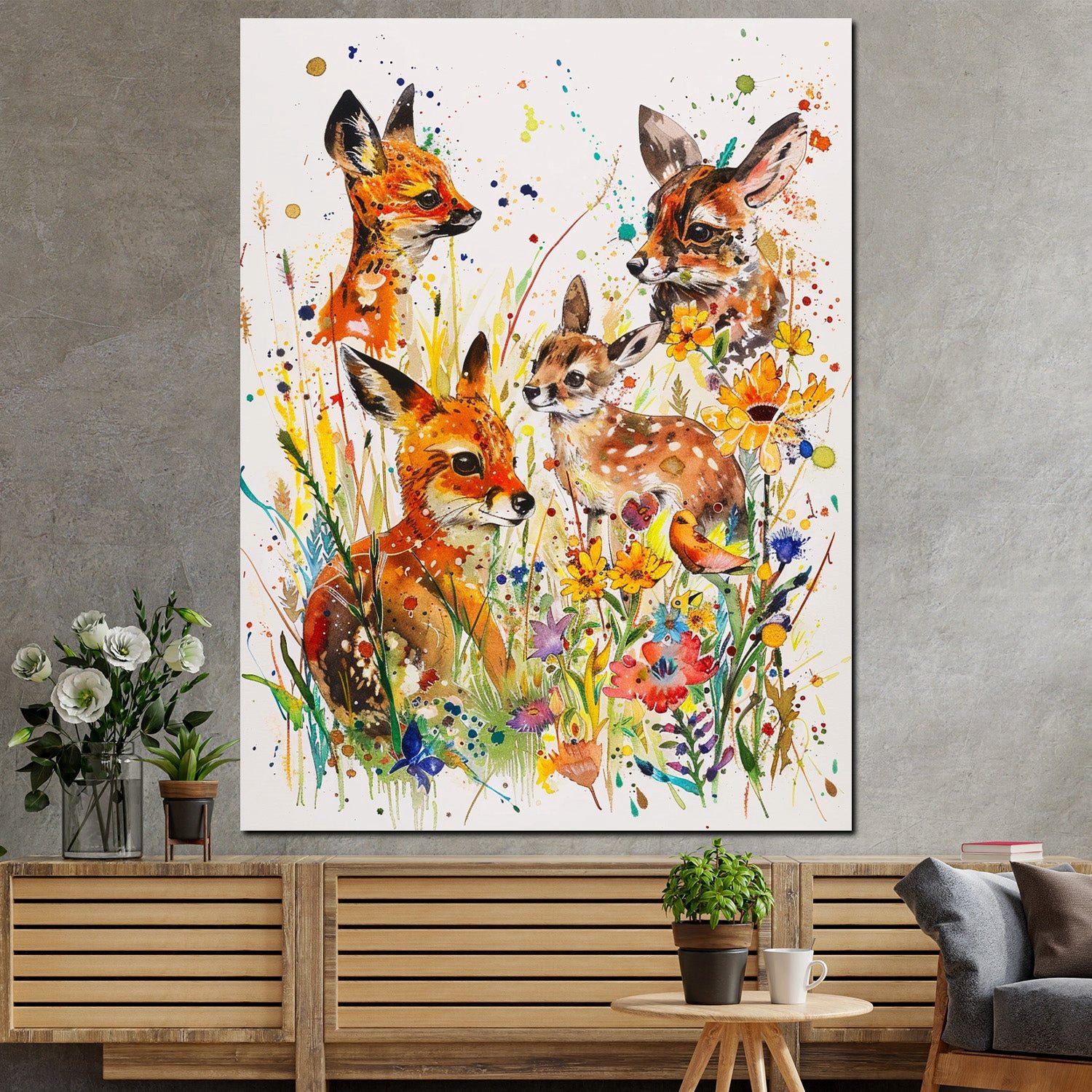 Artedinoi Leinwandbild Rehe im bunten Wald Aquarell Leinwandbild Wandbild XXL Deko, Rehe im bunten Wald