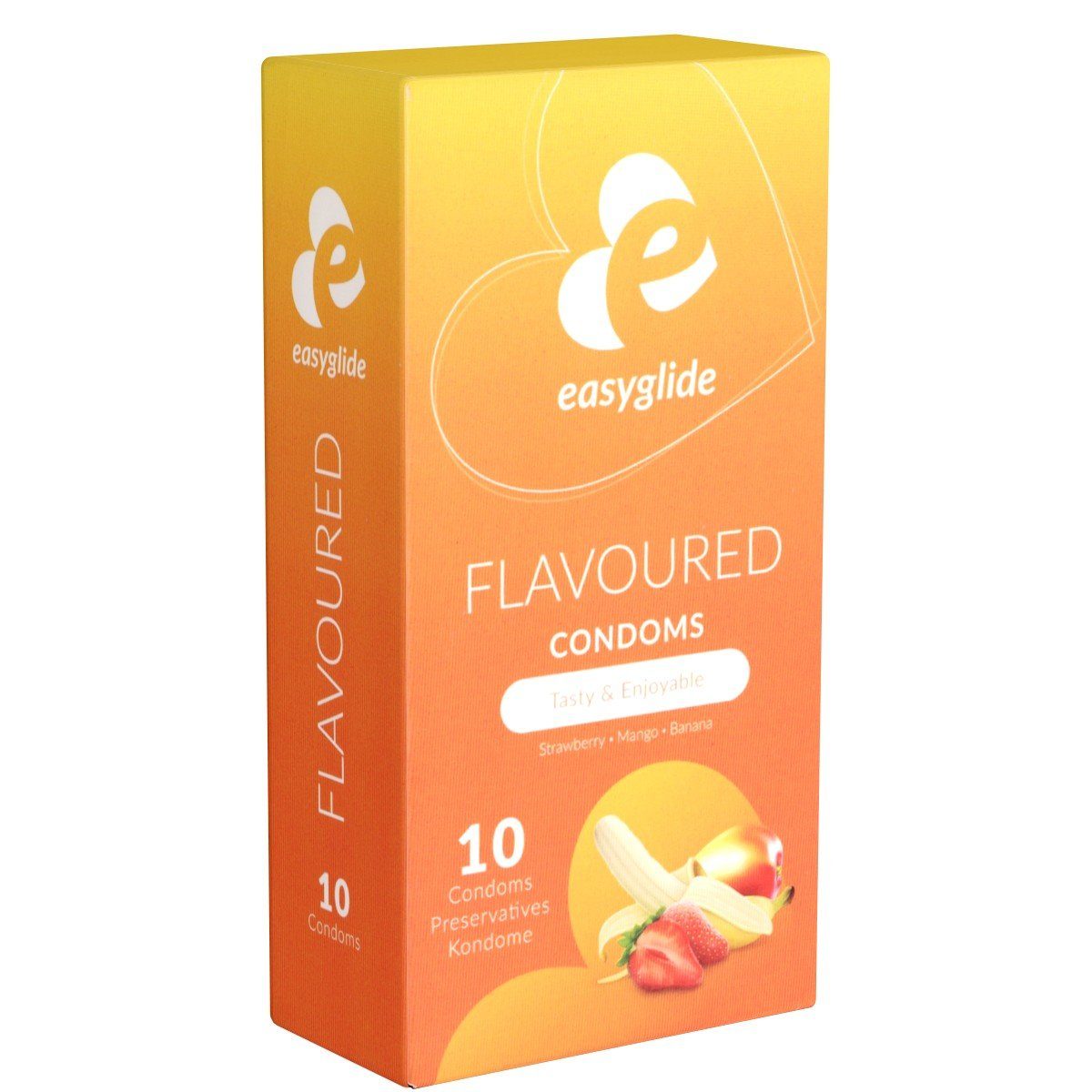 EasyGlide Kondome Flavoured Packung mit, 10 St., farbige Kondome mit Geschmack (Banane, Erdbeere, Mango), aromatisierte Kondome für fruchtige Leidenschaft