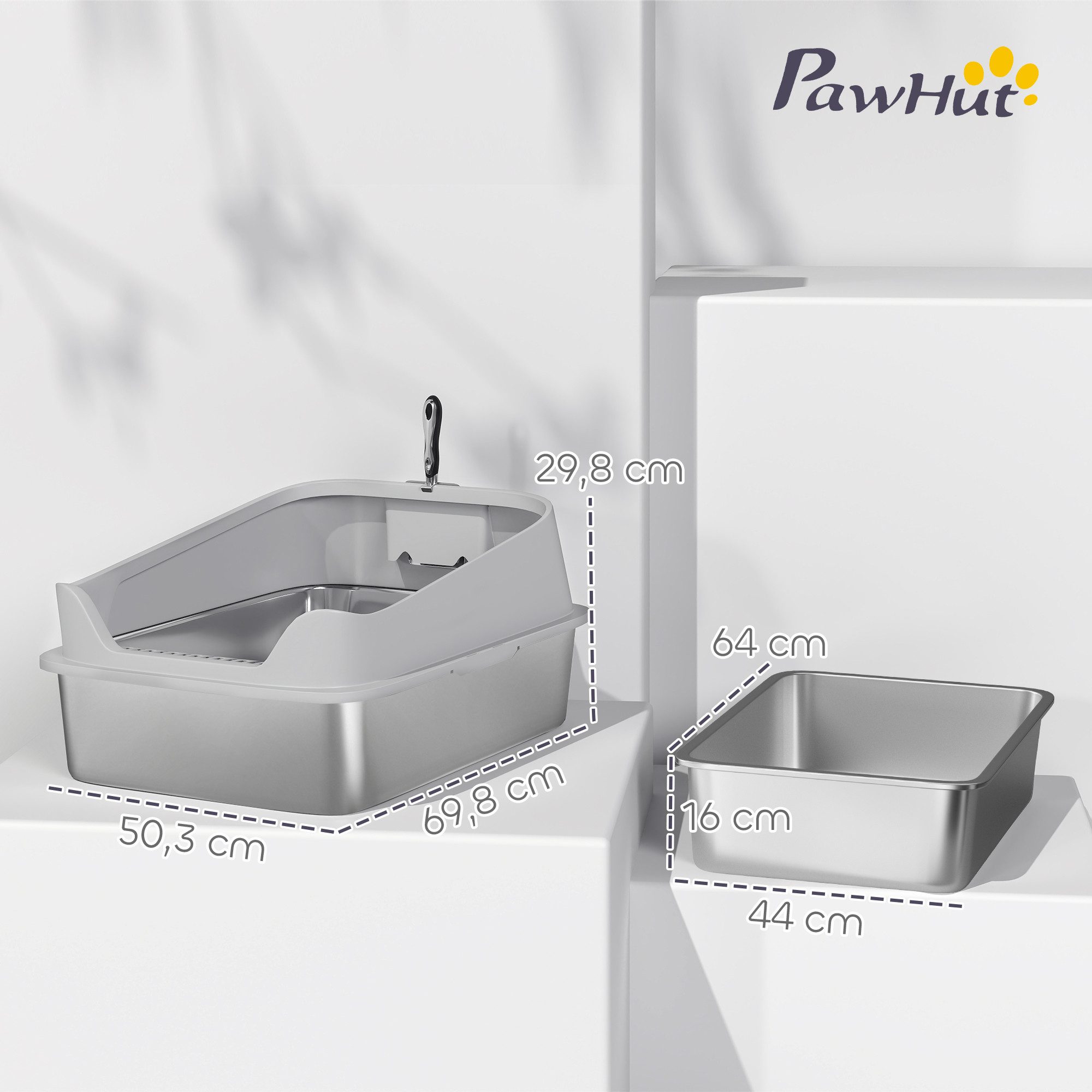 PawHut Katzentoilette Offene Katzenklo Edelstahl mit Schaufel hohem Rand, für große Katzen bis 12 kg, 69,8 x 50,3 x 29,8 cm, Grau
