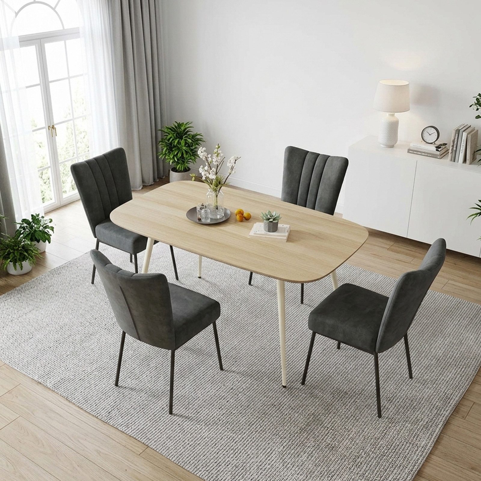 Jiexi Essgruppe Esstisch Set 5-teilig 120x69 MDF Eichenoptik Kombi mit Samt Stühlen – Bild 2 von 5