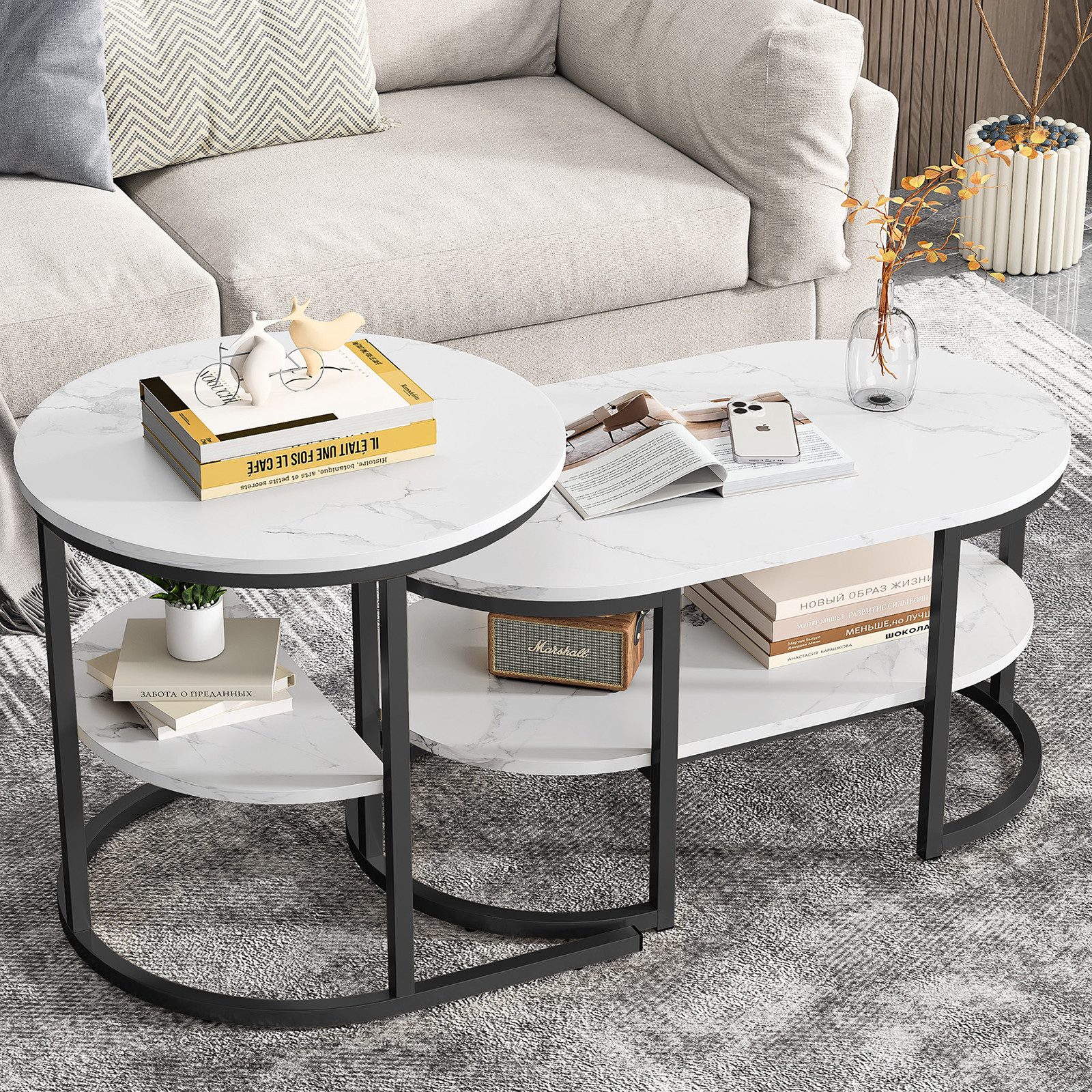 BELUPAI Couchtisch 2in1 Beistelltisch, Runder Tisch mit Marmoroptik (2er Set, 1-St., Satztisch), 80x46x41cm und 52x52x51cm,Weiß-Schwarz