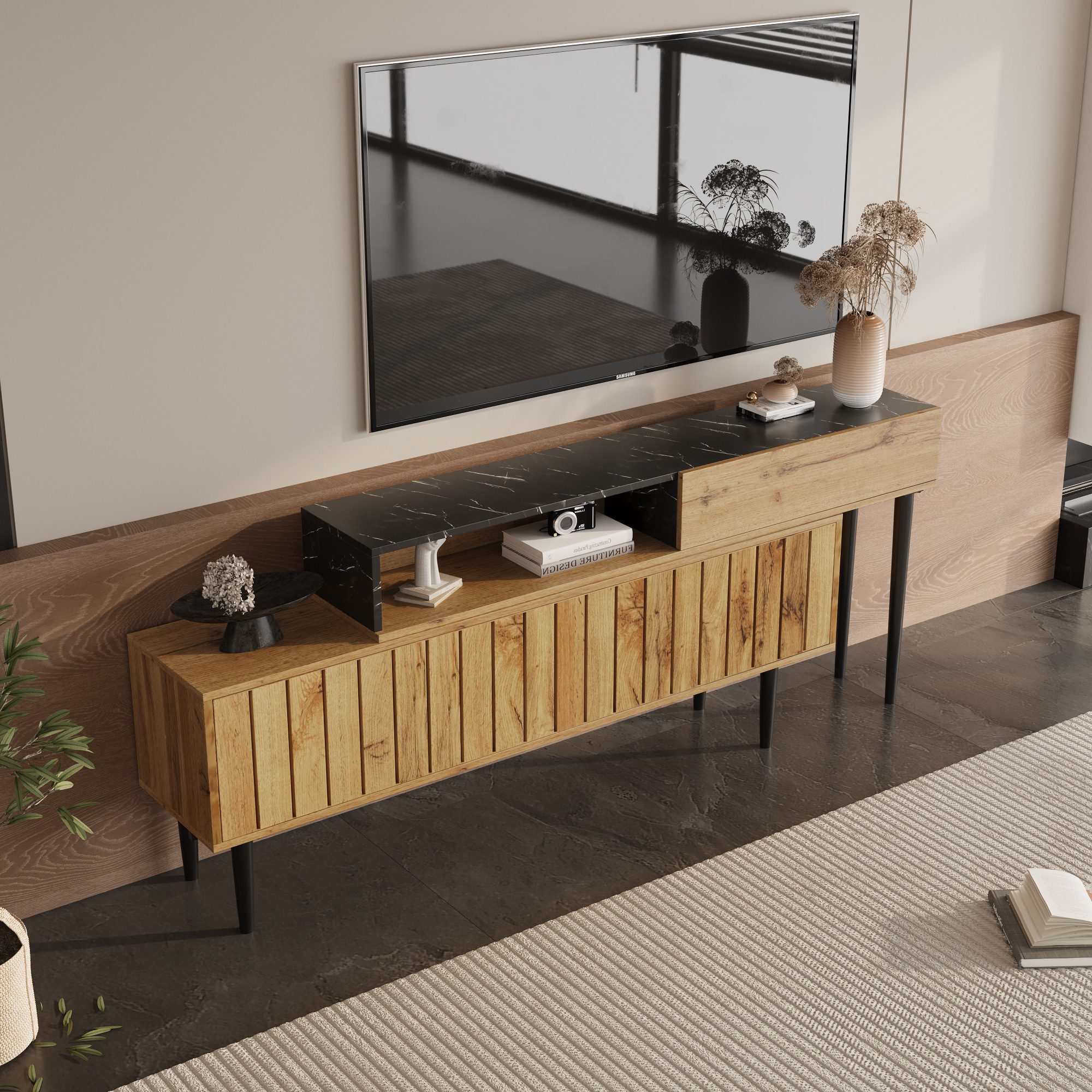 Merax Lowboard mit Tischplatte in Marmoroptik und Metallbeine, TV-Schrank stapelbar,TV-Board Länge verstellbar,Bis 200cm
