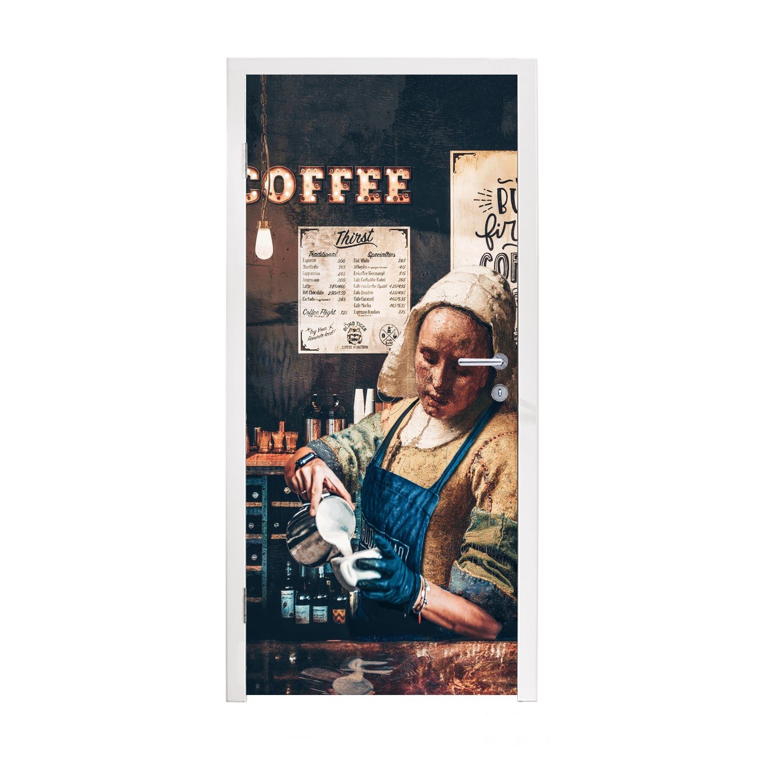 MuchoWow Türtapete Milchmädchen - Barista - Kaffee - Cappuccino, Matt, bedruckt, (1 St), Fototapete für Tür, Türaufkleber, 75x205 cm