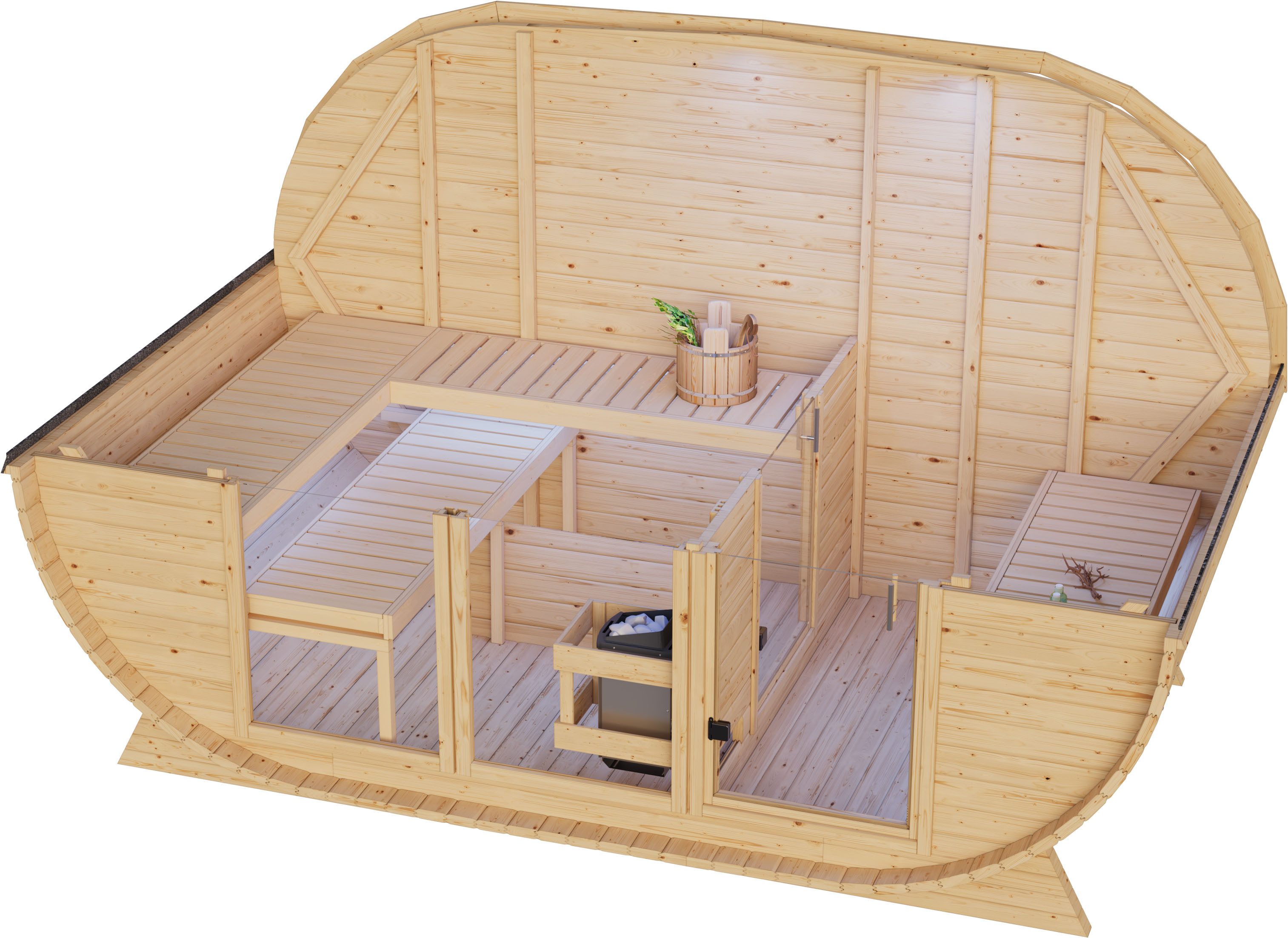 Karibu Fasssauna breit, BxTxH: 400 x 220 x 229 cm, 38 mm, verschiedene Varianten