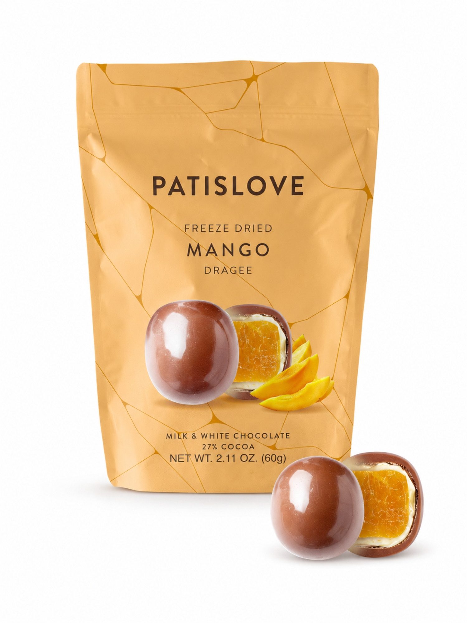 PATISLOVE Schokolade Patislove Mango Dragee – Gefriergetrocknet in Schweizer Schokolade, Ohne künstliche Farbstoffe, 100% echte Frucht.