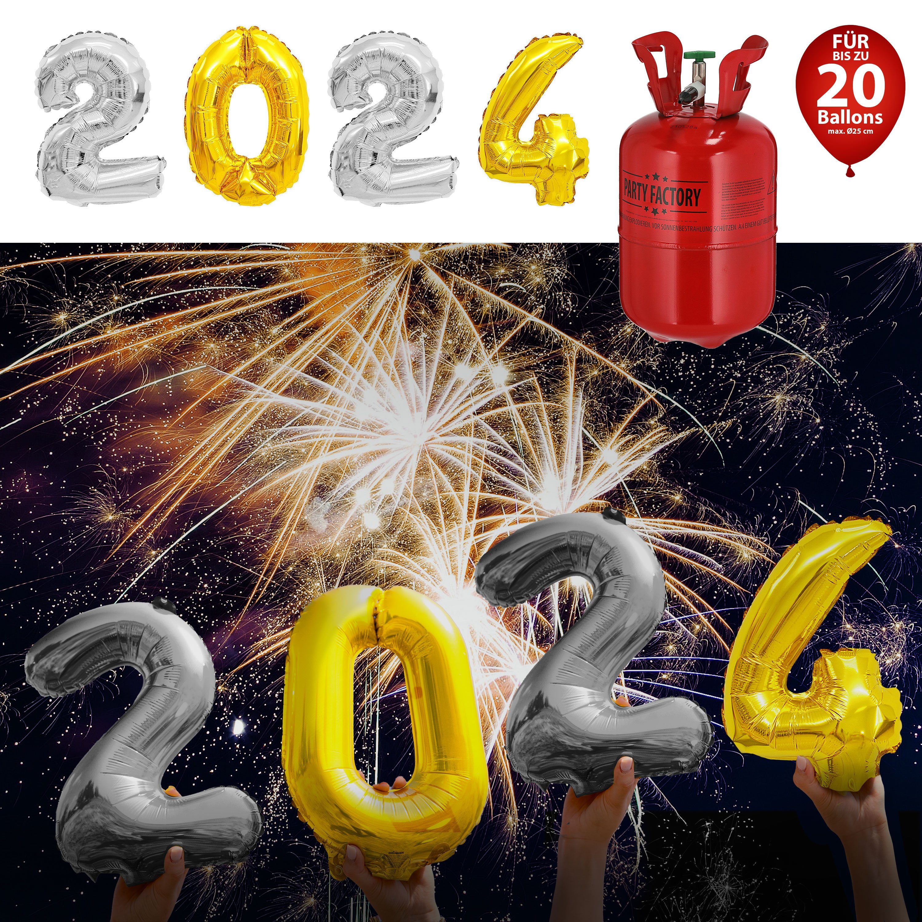 CEPEWA Folienballon Ballongas Set 2024 Folienballon 2x2 silber 1x0 + 1x4 gold 140L Gas