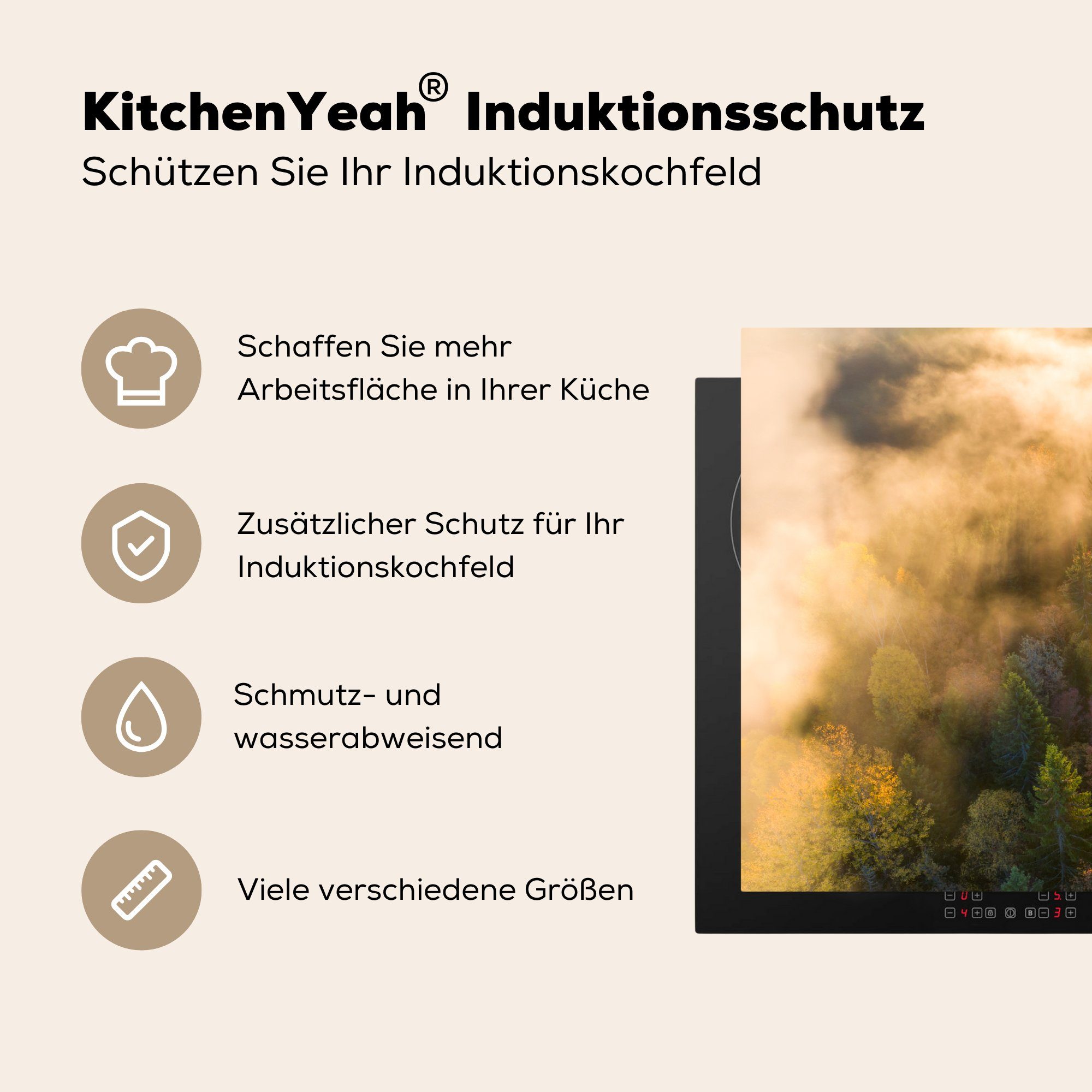 Wald Herdblende-/Abdeckplatte - Vinyl, Nebel (1 Ceranfeldabdeckung Sonnenuntergang, Induktionskochfeld küche, MuchoWow tlg), für Schutz cm, 81x52 - die