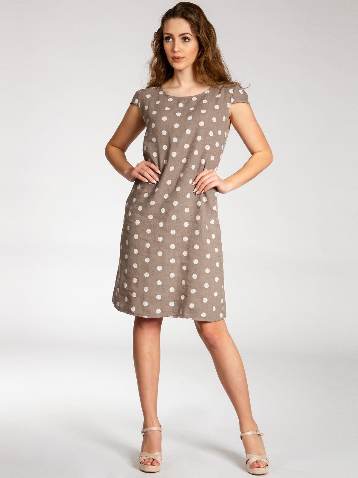 Caspar Sommerkleid SKL024 knielanges Damen Sommer Leinenkleid mit Punkte Print Luftig leicht, figurumspielende Form, mit seitlichem Jersey-Einsatz