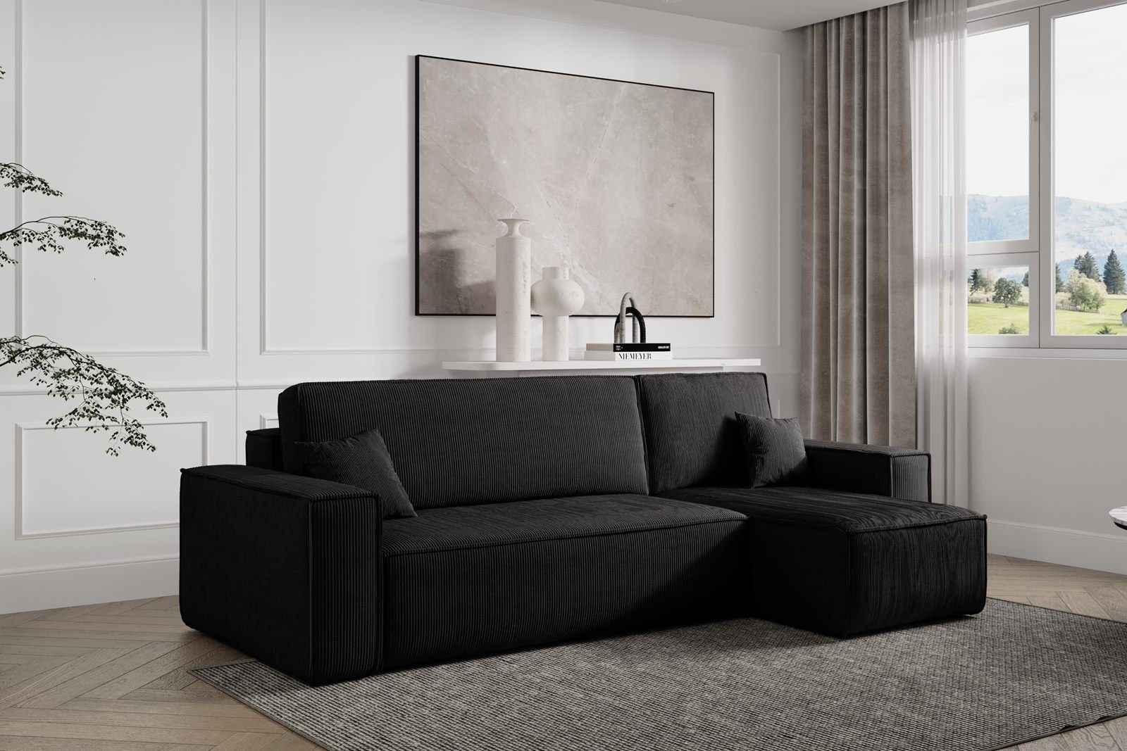 Compleo Ecksofa TOKYO, L-form Ecke, mit universelle mane und Schlaffunktion, Cord, Breite 244 cm, mit Bettkasten, Modern Wohnzimmer Schwarz