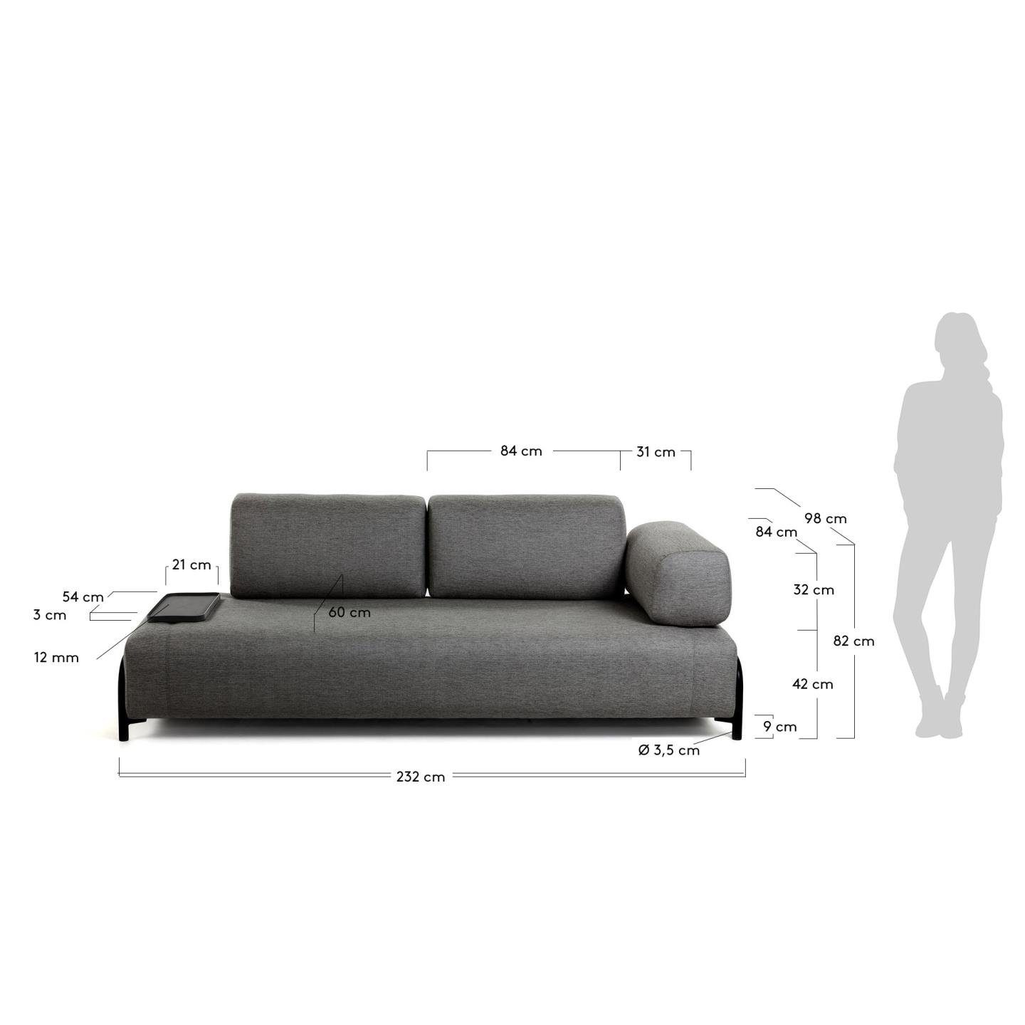 Natur24 Sofa Sofa Couch Tablett 3-Sitzer dunkelgrau kleinem Compo mit 232cm