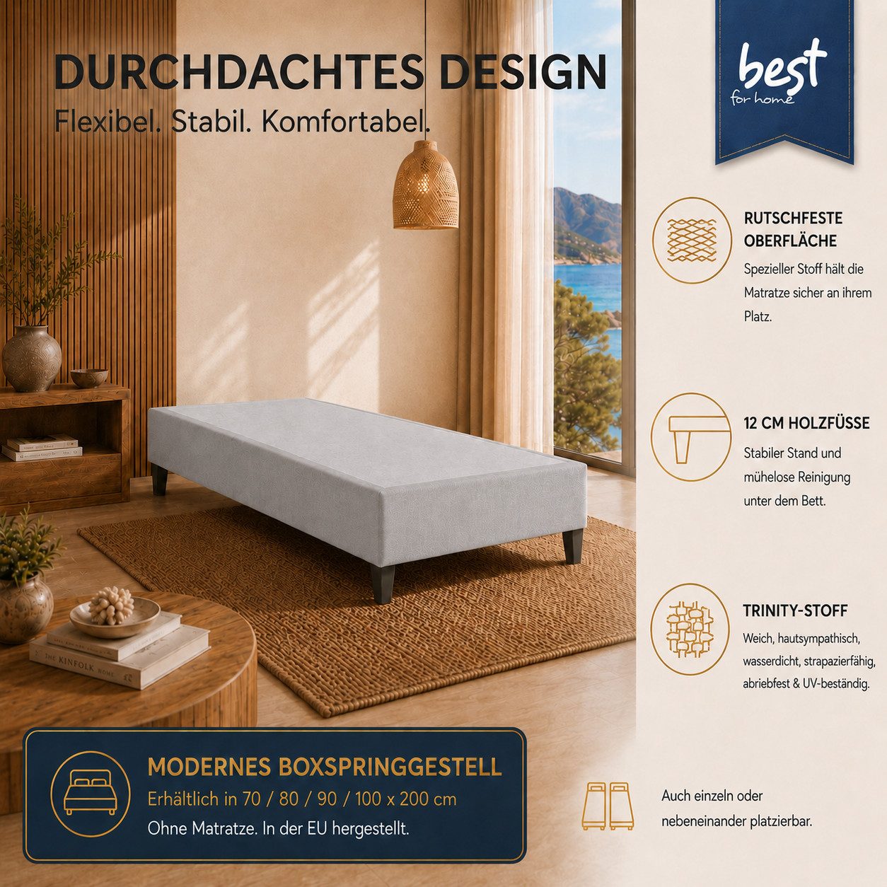 Best for Home Boxspringbett Hotelbett, Gästebett, Rahmenbett, Einzelbett, Bettgestell, Massivholz (Seniorenbett, Matratze, Jugendbett, Kinderbett, 1-St., 70x200 80x200 90x200 100x200 cm), Komfortbett, Boxspringgestell, Verschiedene Liefermöglichkeiten
