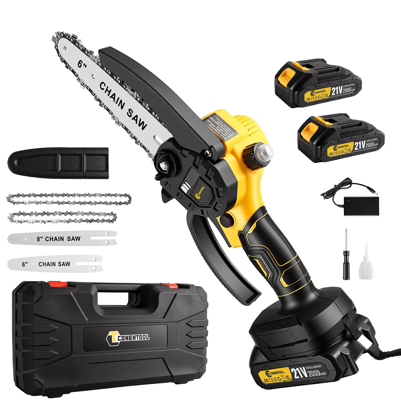 CONENTOOL Akku-Kettensäge 8 Zoll + 6 Zoll 2-in-1 Sägeblätter, 20 cm Schwert günstig online kaufen