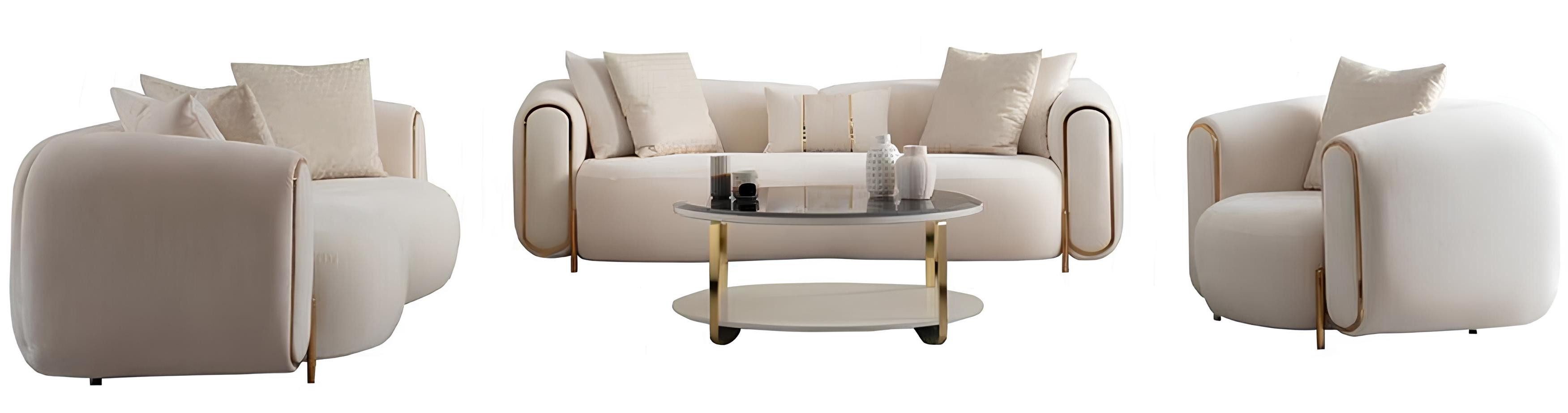 JVmoebel Polstergarnitur Luxus Wohnzimmer Set Sofa 3 sitzer Sessel Couchtisch Weiß Edelstahl, (4-tlg., 4tlg. Wohnzimmer Set(2x Sofas 3 sitzer+Sessel+Couchtisch), Made in Europa