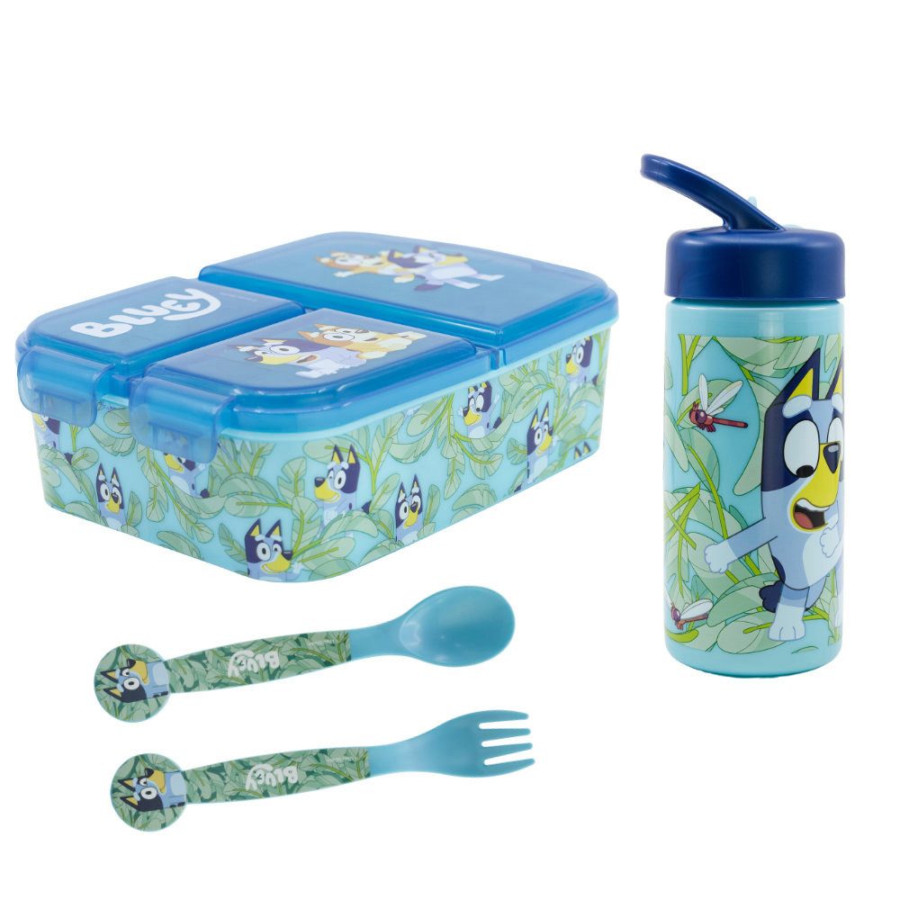 Bluey Lunchbox Bluey Bingo Kinder 4 teiliges Set Brotdose Trinkflasche Besteck, (2-tlg., Spar-Set), 410 ml
