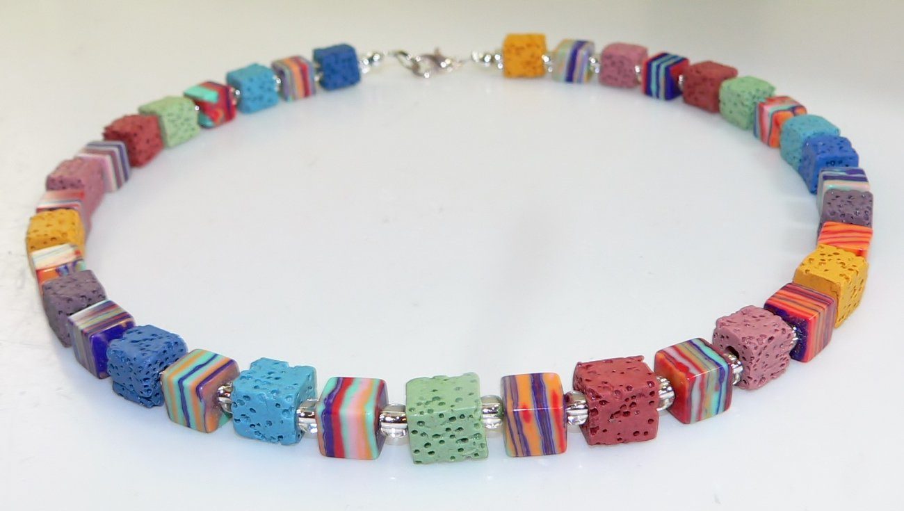 traumschmuck Kette ohne Anhänger 112 Halskette Würfelkette Malachit gestreift Lava mehrfarbig bunt (incl. Schmuckbox), handgefertigt, Made in Germany