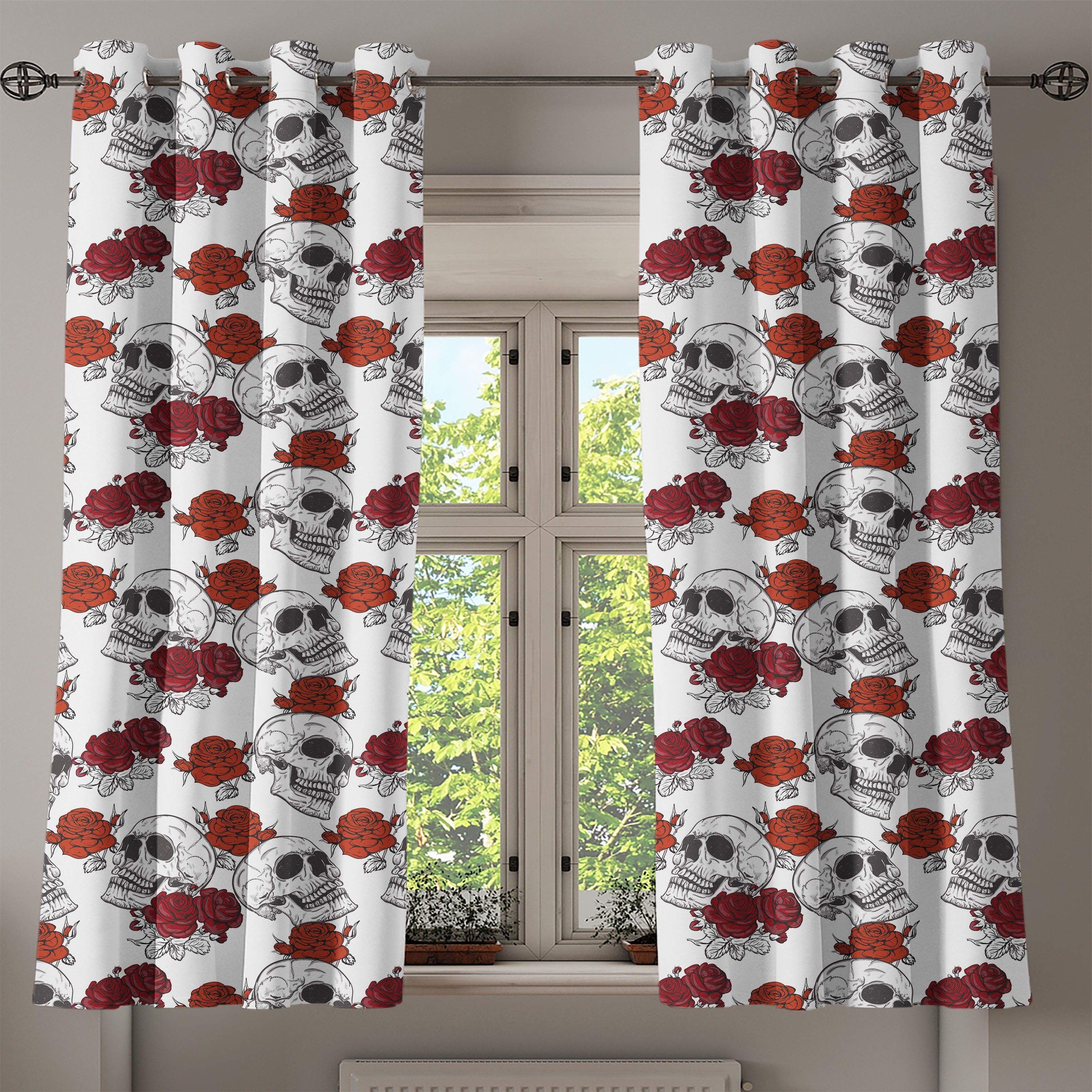 Schädel Halloween Dekorative Gothic Wohnzimmer, 2-Panel-Fenstervorhänge für Abakuhaus, Gardine Schlafzimmer Roses