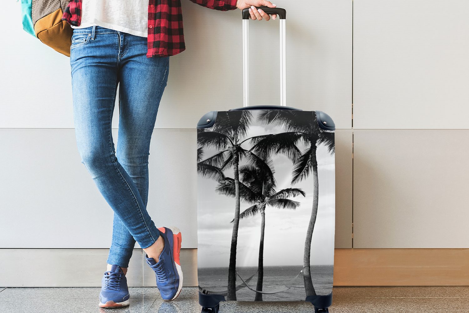 MuchoWow Handgepäckkoffer Palmen auf Nähe Hawaii Reisekoffer Ferien, und Rollen, - Trolley, der mit schwarz rollen, Reisetasche Handgepäck weiß, für 4 aus