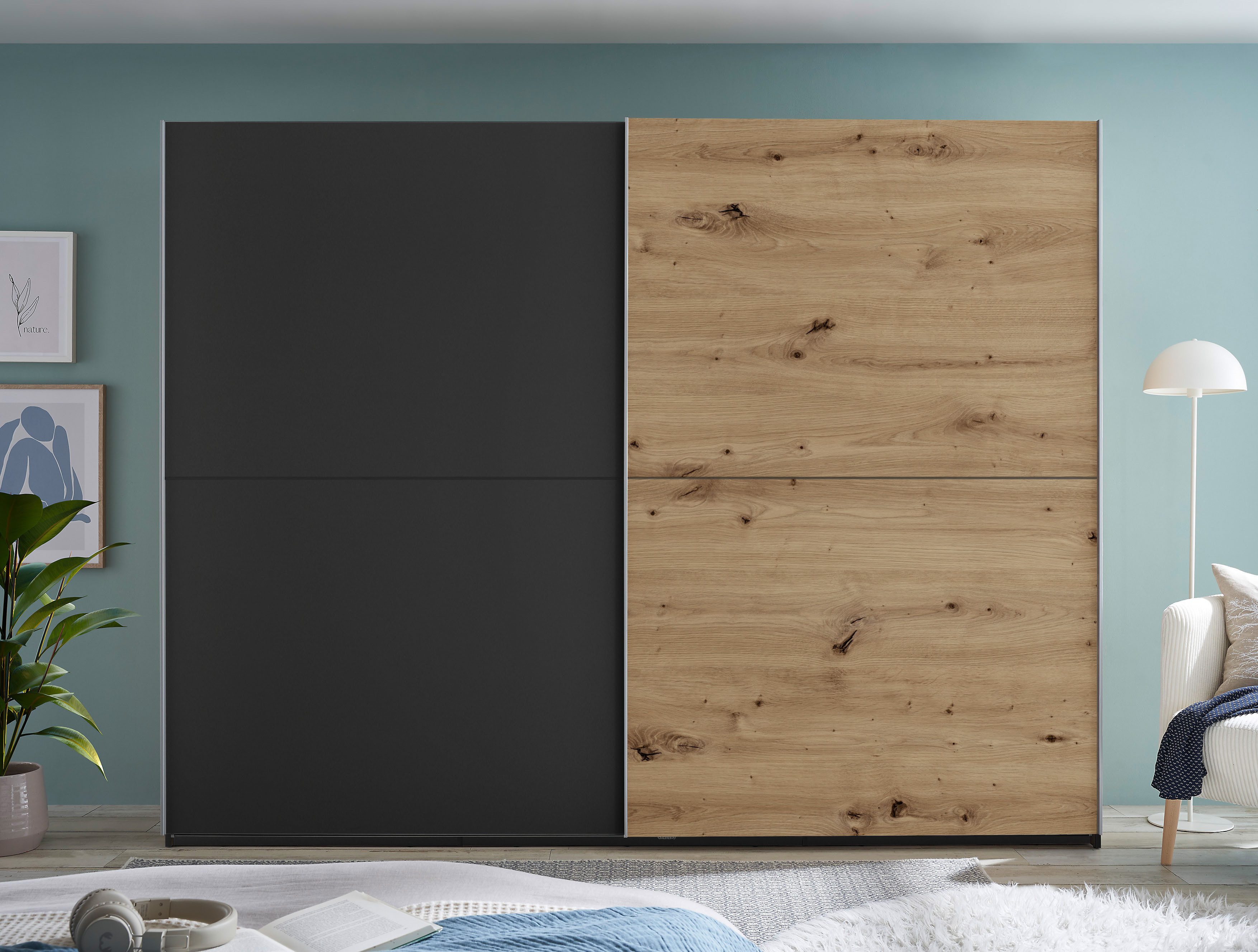 Schlafkontor Schwebetürenschrank Mesio, 2-türiger Kleiderschrank, Schiebetürenschrank mit viel Stauraum inklusive Hoteleinteilungen außen und Einlegeböden oben