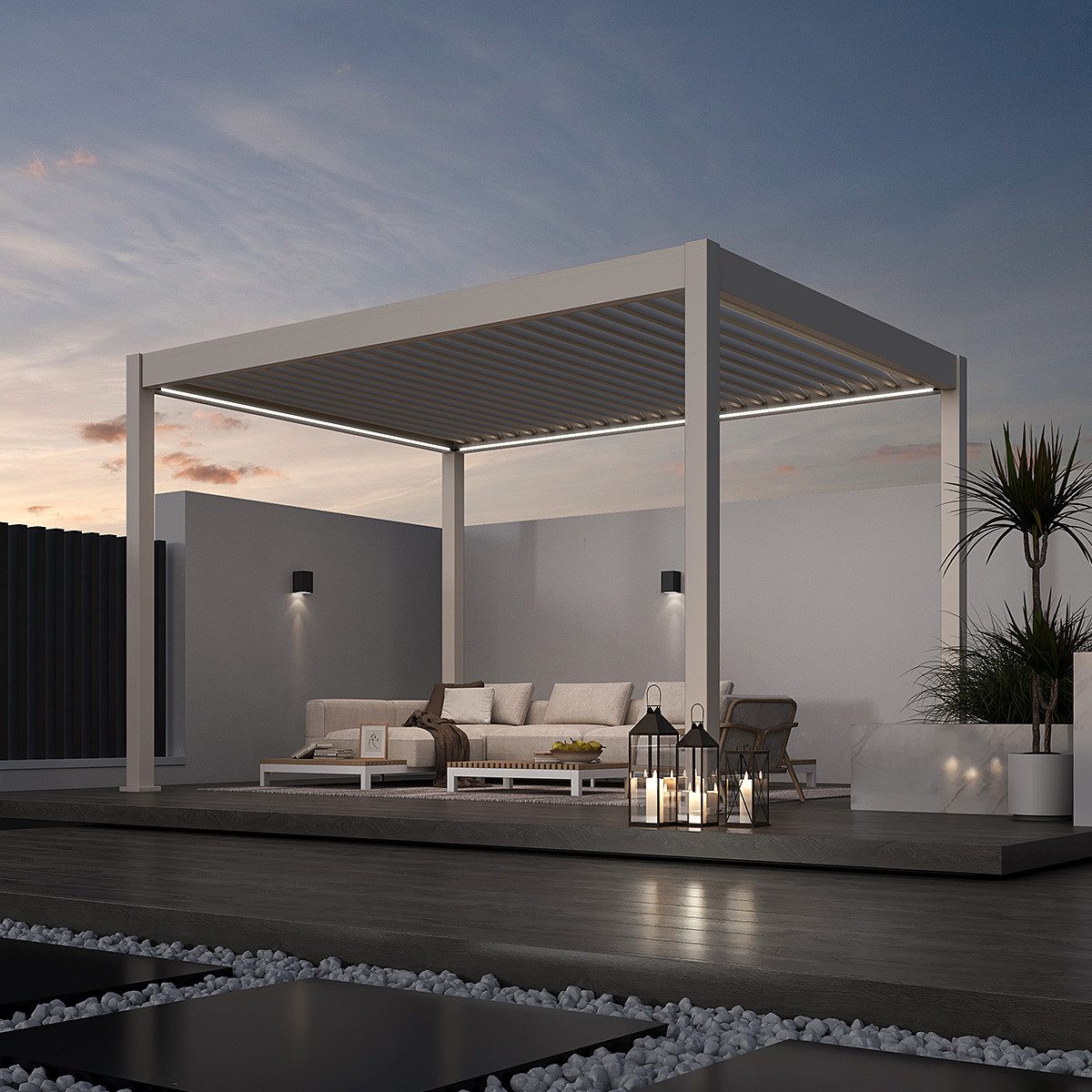Weide Pergola Elektrische Pergola Deluxe Sand Aluminium 3 x 4 M Inkl. LED, BxTxH: 400x300x255 cm, (Hochwertigstes Aluminium & verzinkte Stahl-Lamellen, Komplettset)