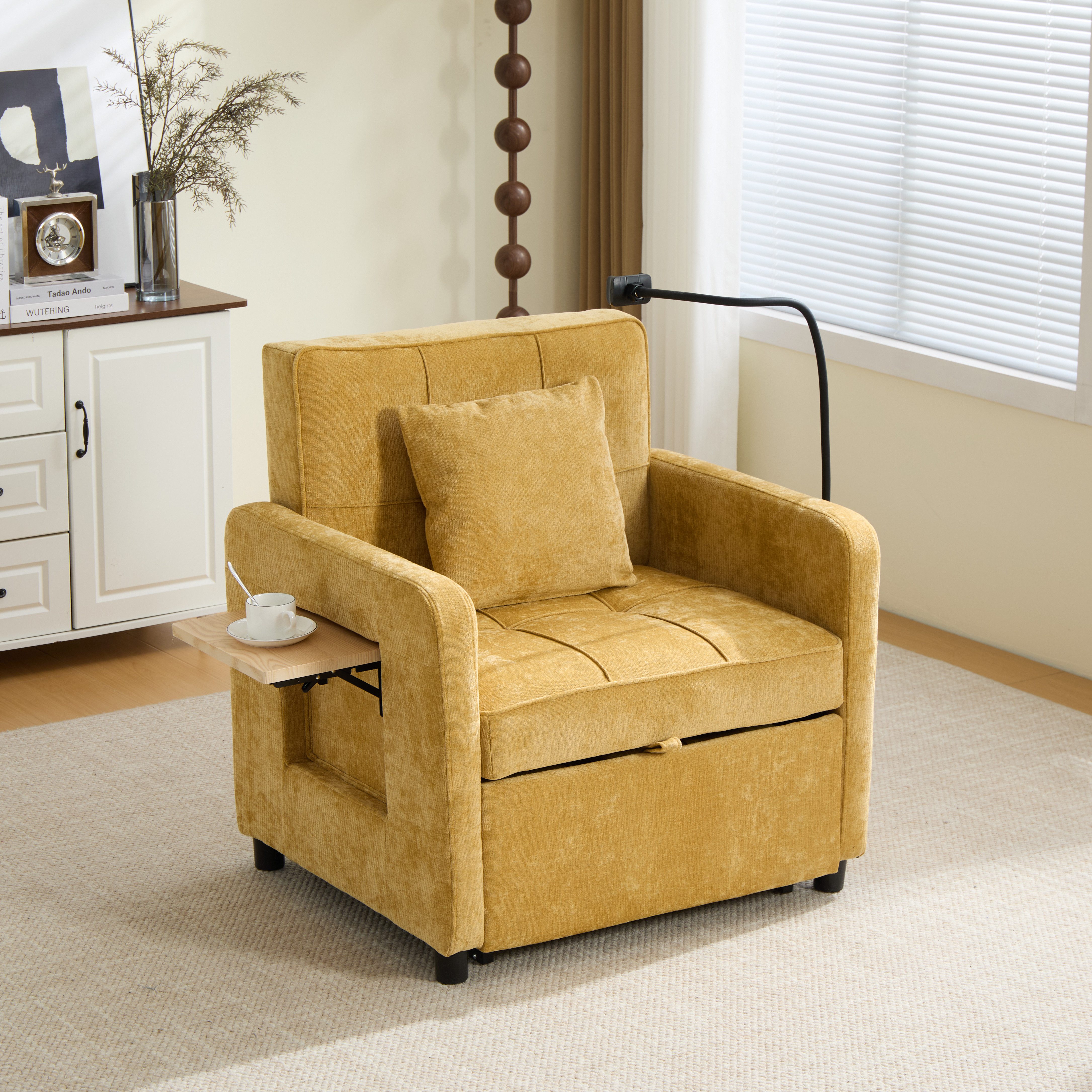 REDOM Polsterstuhl mit Kissen und Seitentaschen (Loungesessel Schlafsofa mit Tisch und Aufbewahrungstasche, 2-in-1 Design für Wohnzimmer)