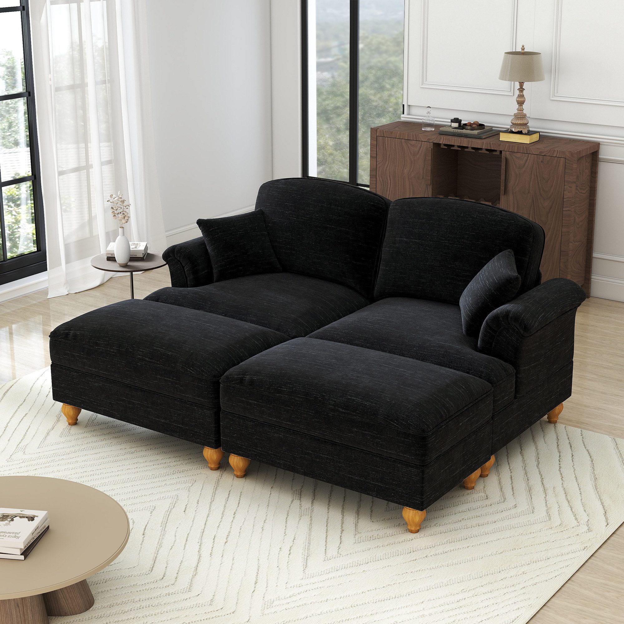 Leawin Sofa Modulares 2-Sitzer Sofa mit Bettfunktion – Chenille sofas wohnzimmer, Sofa mit abnehmbarer Rüschenschürze, tiefem Sitz & flexiblem Hocker