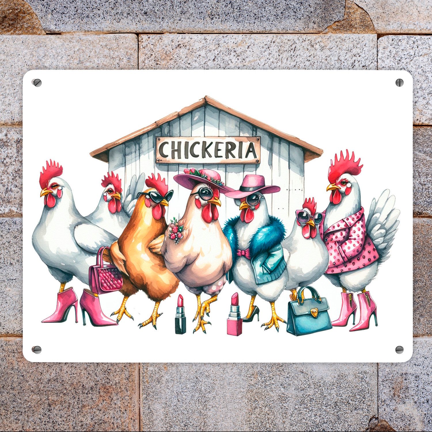 speecheese Metallschild Modische Hühner am Hühnerstall Metallschild XL in 2 günstig online kaufen