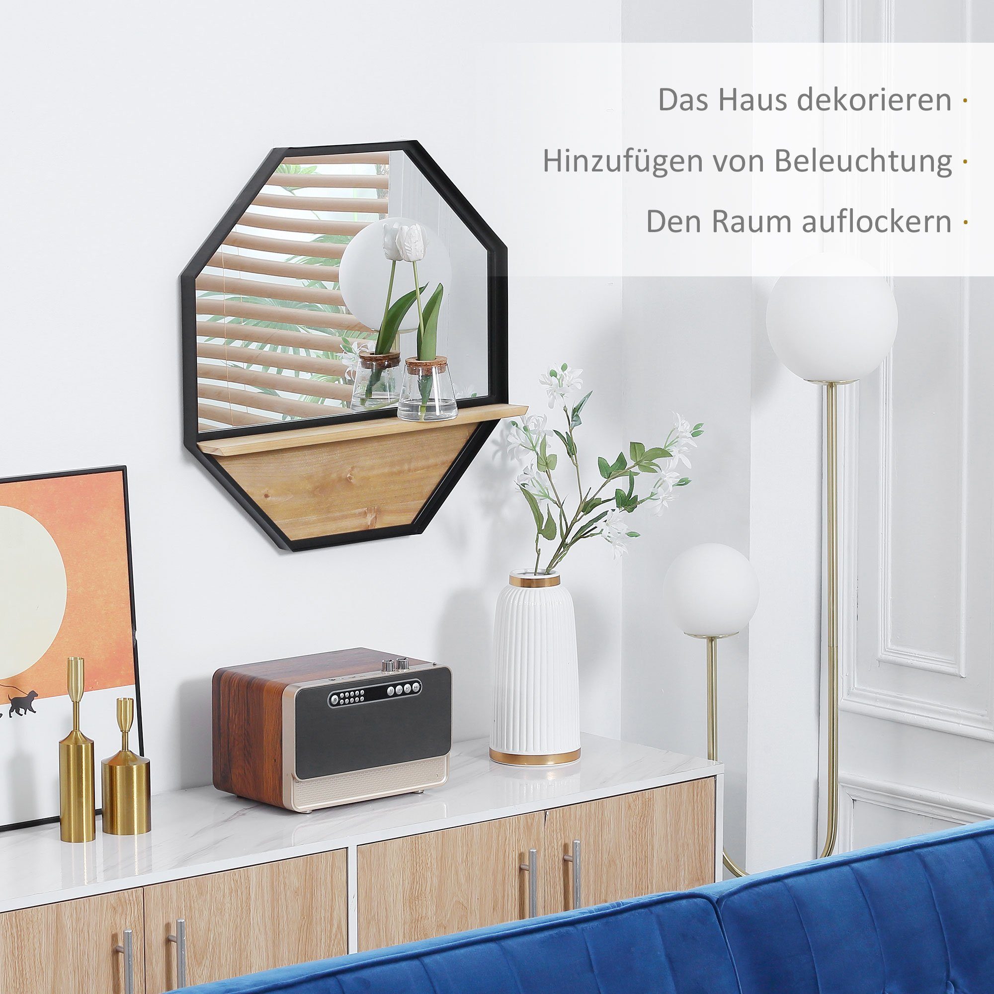 HOMCOM Wandspiegel im Industrie-Design, Schwarz (Set, 1-St., Tannenholz Wandspiegel), Ablage +Natur Metall 1 x Mit