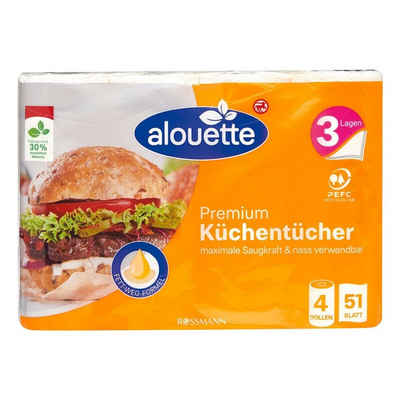 alouette Papierküchenrolle Premium (4-St), 3-lagig, weiß, trocken & nass, mit Fett-Weg-Formel, 51 Blatt/Rolle