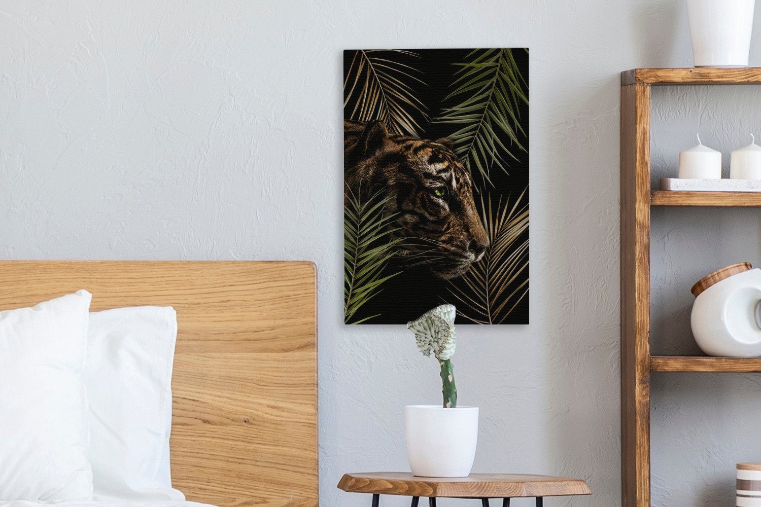 OneMillionCanvasses® Leinwandbild Tiger - Pflanzen Zackenaufhänger, bespannt cm Palme, - inkl. 20x30 St), Leinwandbild Gemälde, fertig (1