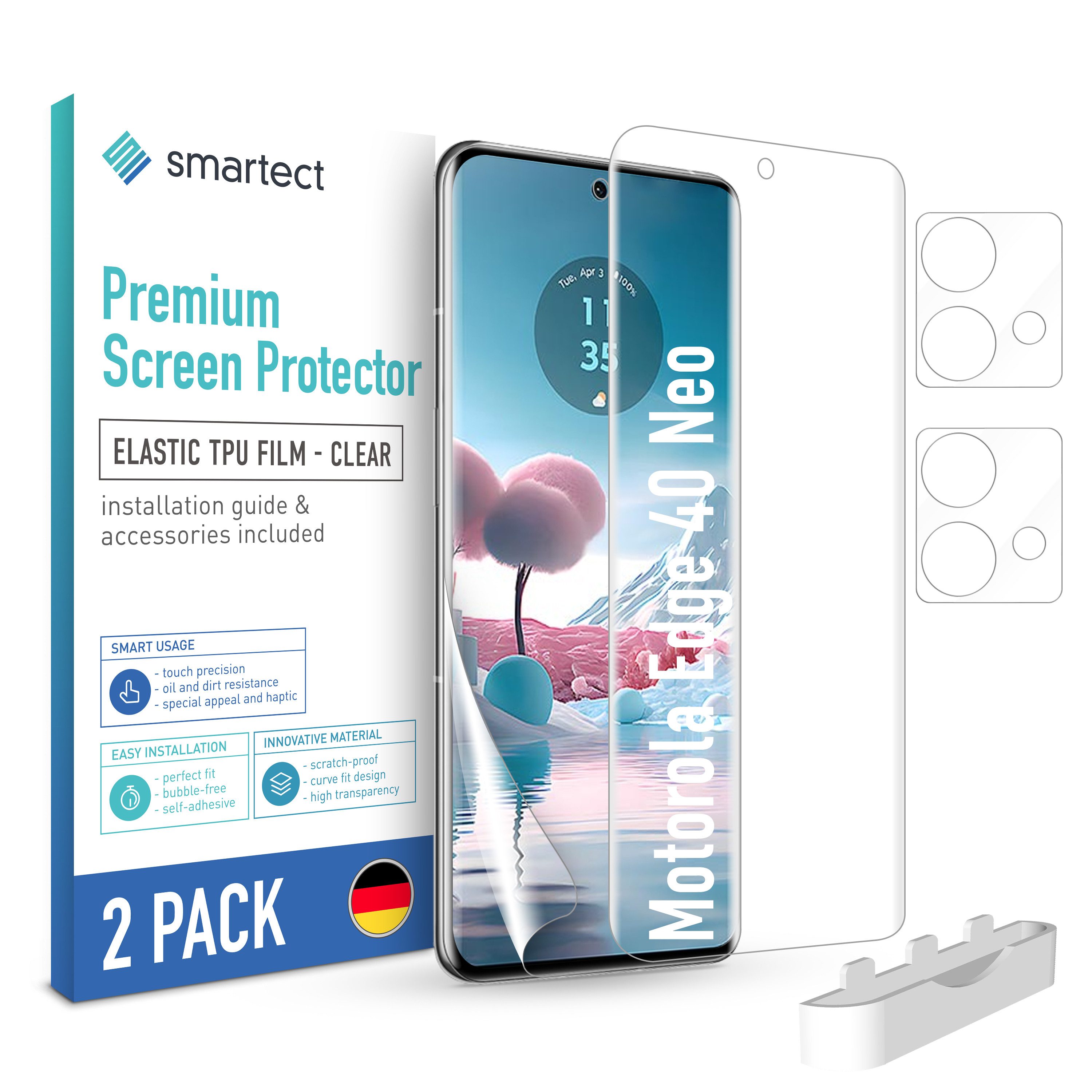 smartect Displayschutzfolie TPU Schutzfolie 2 + 2 Stück für Motorola Edge 40 Neo (Display+Kamera) für Motorola Edge 40 Neo, Set, 2 Stück, Ultra-klar, Kratzfest, Blasenfrei, Oleophob, Fingerabdruck kompatibel