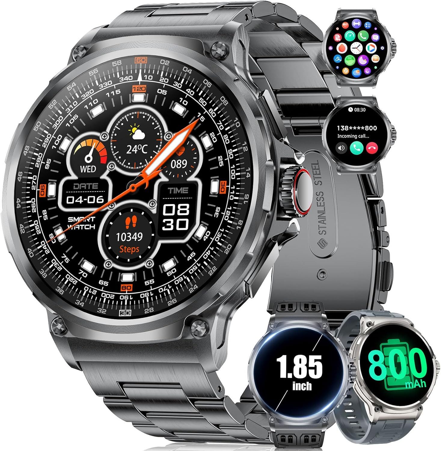 SUNKTA EF10-D-GS Smartwatch (4,7 cm, android ios), Smartwatch Herren mit großem HD-Display und starkem Akku