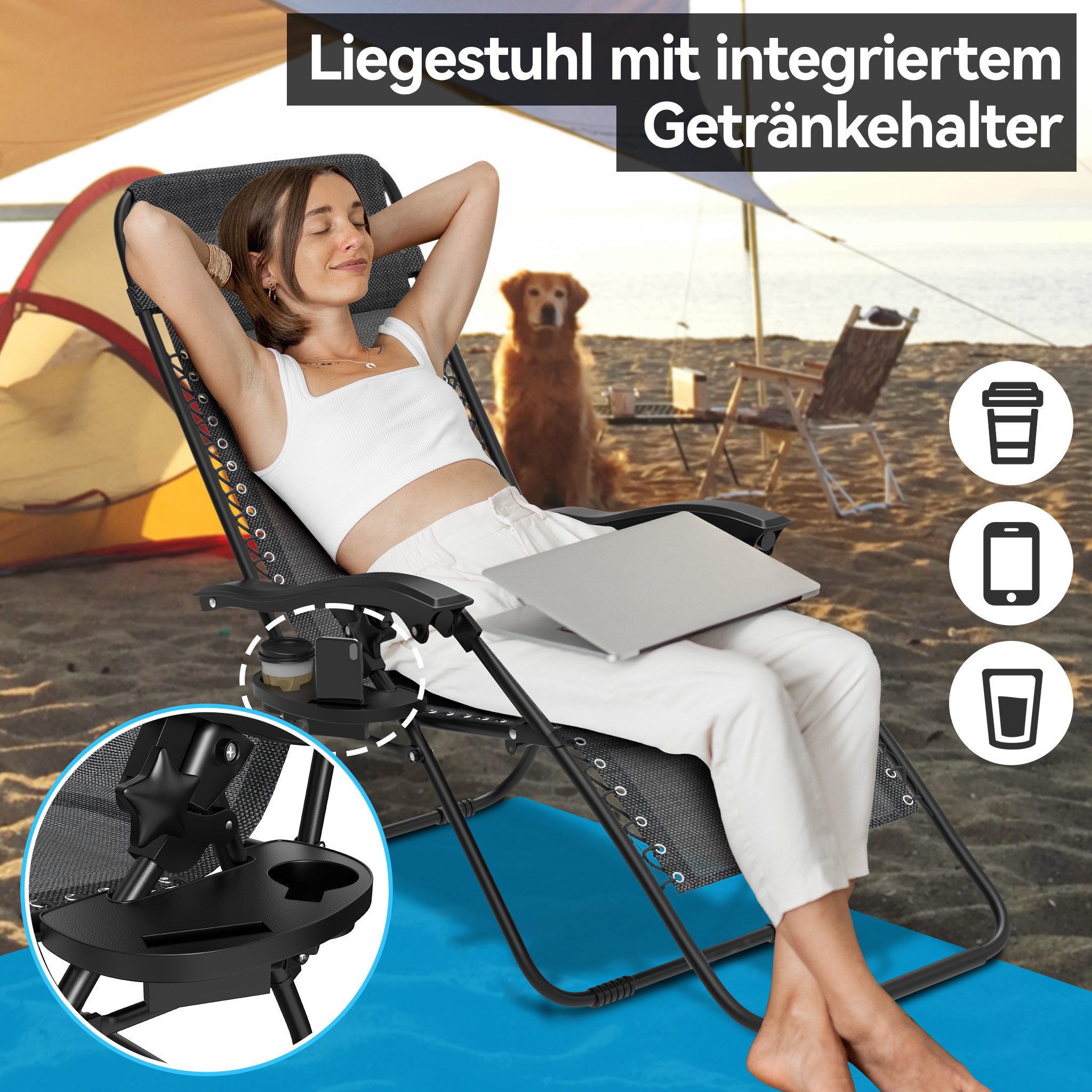 FIVMEN Gartenliege Liegestuhl Garten Sonnenliege Klappbar Leicht Klappliegestuhl, 1 St., Balkon Terrassen Liege Strandliege mit Kopfkissen Getränkehalter – Bild 5 von 5