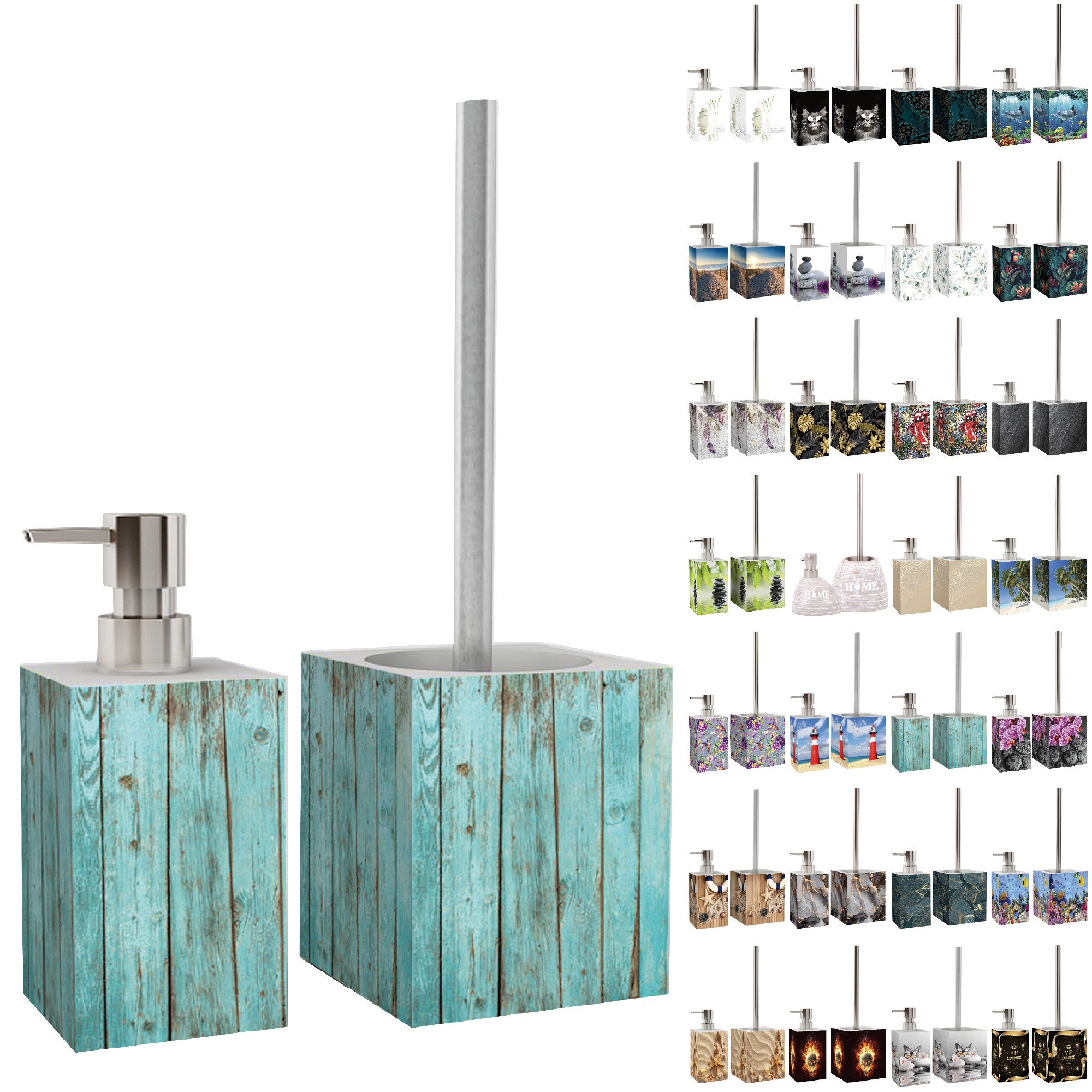 Sanilo Badaccessoire-Set mit Motiv, viele schöne Seifenspender und WC Bürsten zur Auswahl, Klobürste mit auswechselbaren Bürstenkopf, 2 tlg., 2-tlg., Desinfektionsspender mit stabiler Pumpe, hochwertig & modern