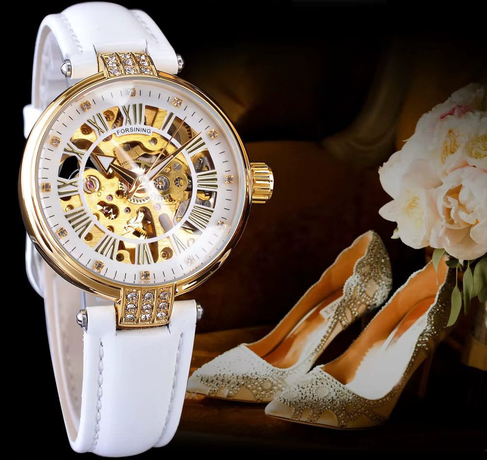 Rötting Design Automatikuhr Damenuhr Edelstahl weißes Ziffernblatt Lederarmband, (inkl. Uhrenschatulle, auch zum Verschenken geeignet), Rhinestone Besatz, leichter Tragekomfort