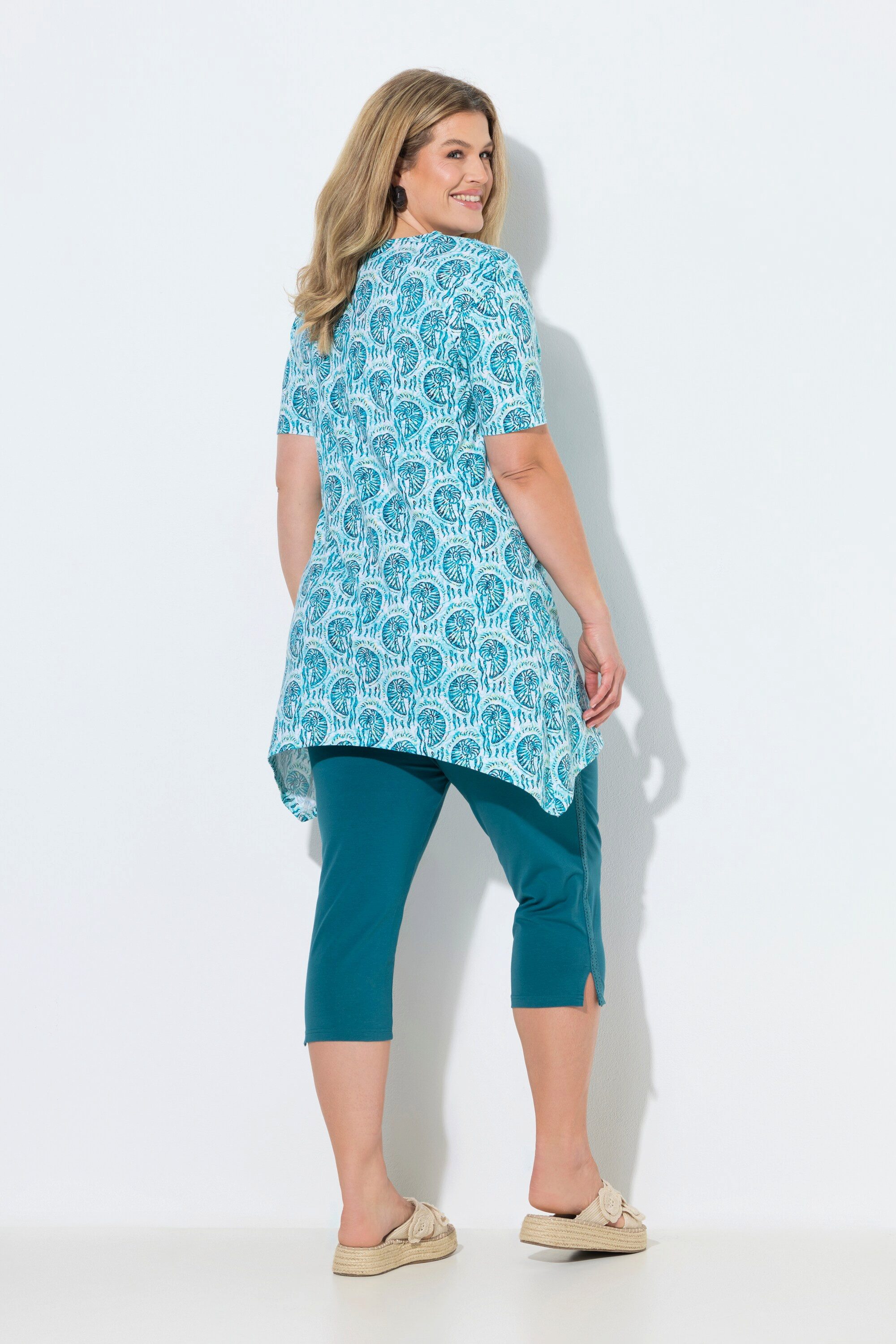 Ulla Popken Longshirt Longshirt Muscheln V-Ausschnitt Halbarm