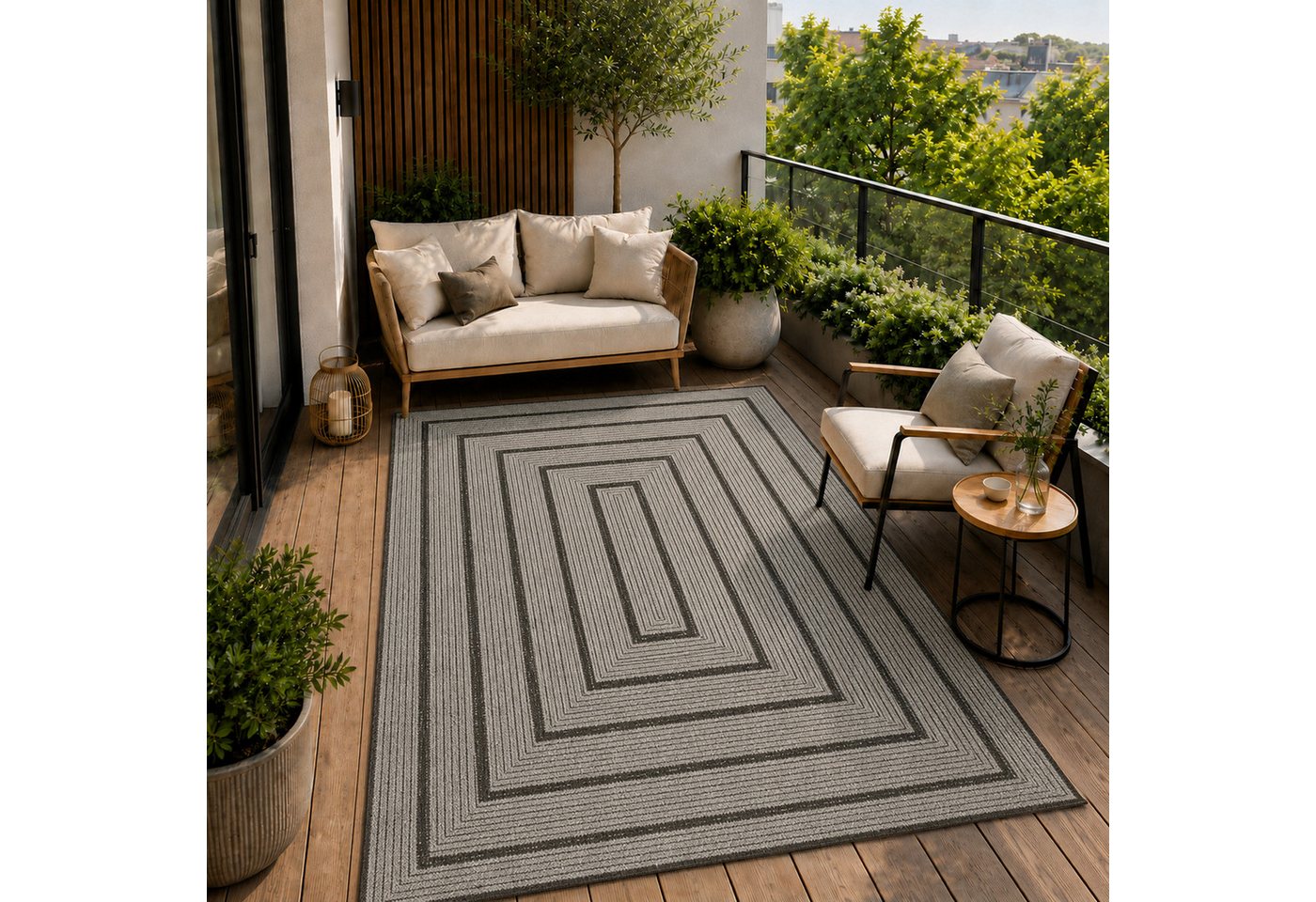 Vimoda Outdoorteppich Ventura, wetterfest robust kurzflor teppich Balkon Terrasse Küche, Rechteckig, Höhe: 5 mm, In- & Outdoor geometrisches Design Teppich waschbar in Grün Beige Grau