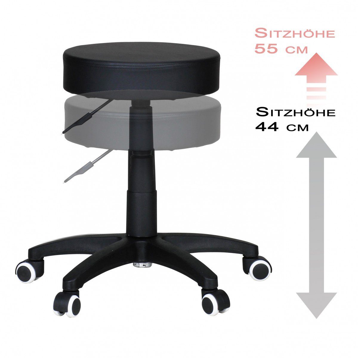 Amstyle Arbeitshocker SPM1.036 Leder Optik Kosmetikhocker Drehhocker schwarz Hocker (Sitzhocker mit Rollen, Kunstleder Schwarz 100 kg), Höhenverstellbar, Praxishocker Rund Gepolstert