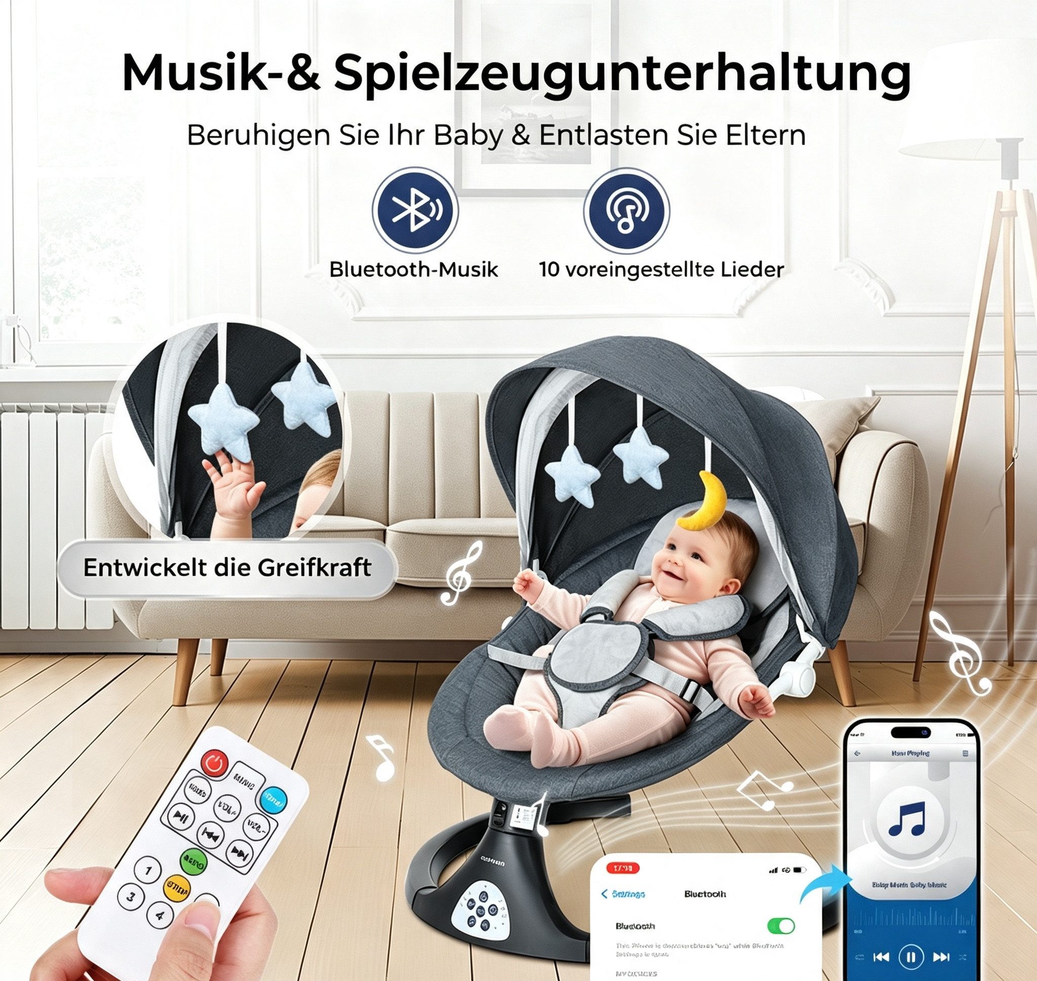 Insma Babyschaukel 5 Gang Elektrische bluetooth-Babywippe, mit 10 Liedern und Fernbedienung, Batteriekompatibel