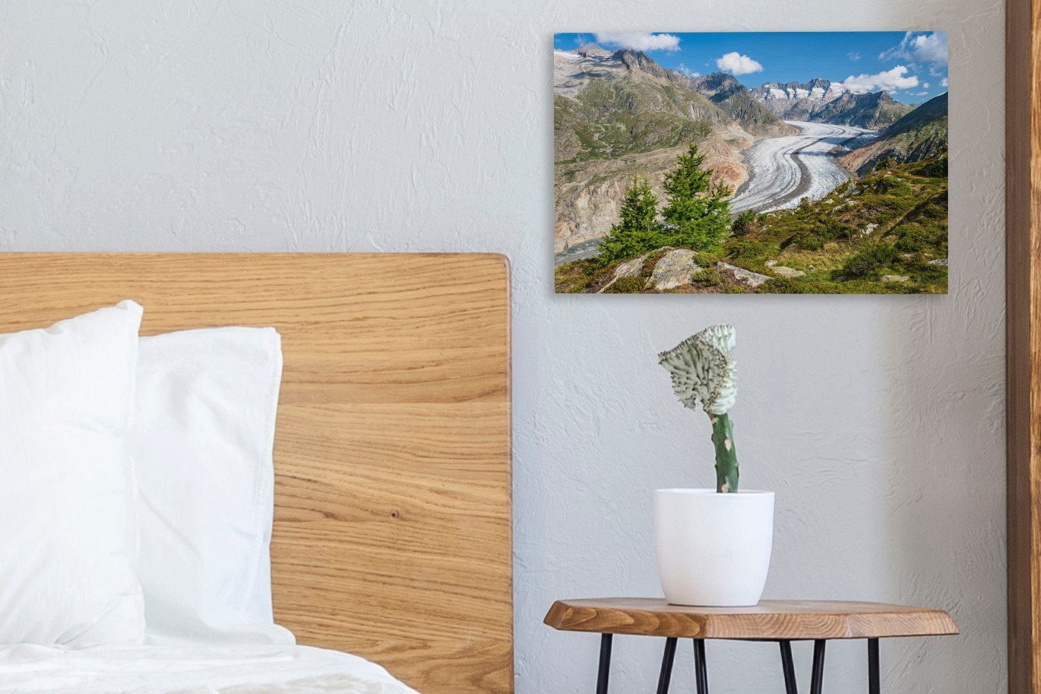 Aletschgletscher Wandbild Vordergrund (1 St), mit cm Europa, in Bäumen grünen Leinwandbilder, 30x20 Wanddeko, Leinwandbild OneMillionCanvasses® im Der Aufhängefertig,