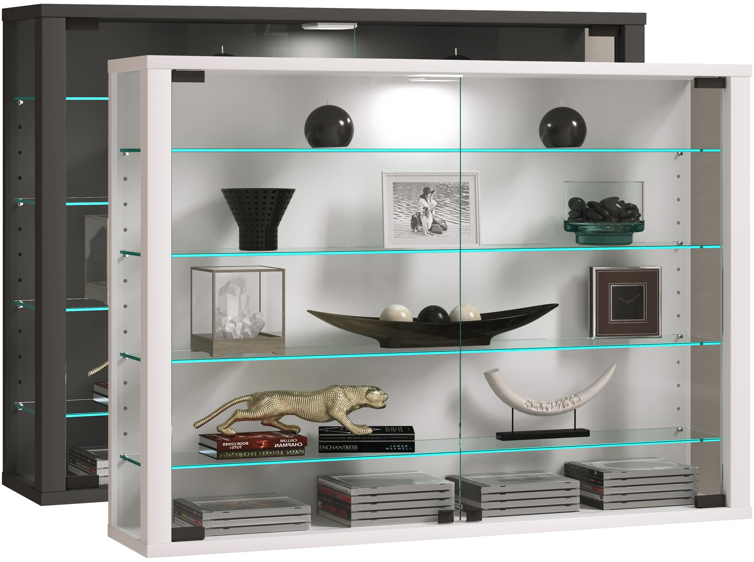 Wand-Glasvitrine VM3022T-BOP – 90 X 50 X 17 Cm, Goldene Beschläge, Arabisches Design, Mit Holzbasis