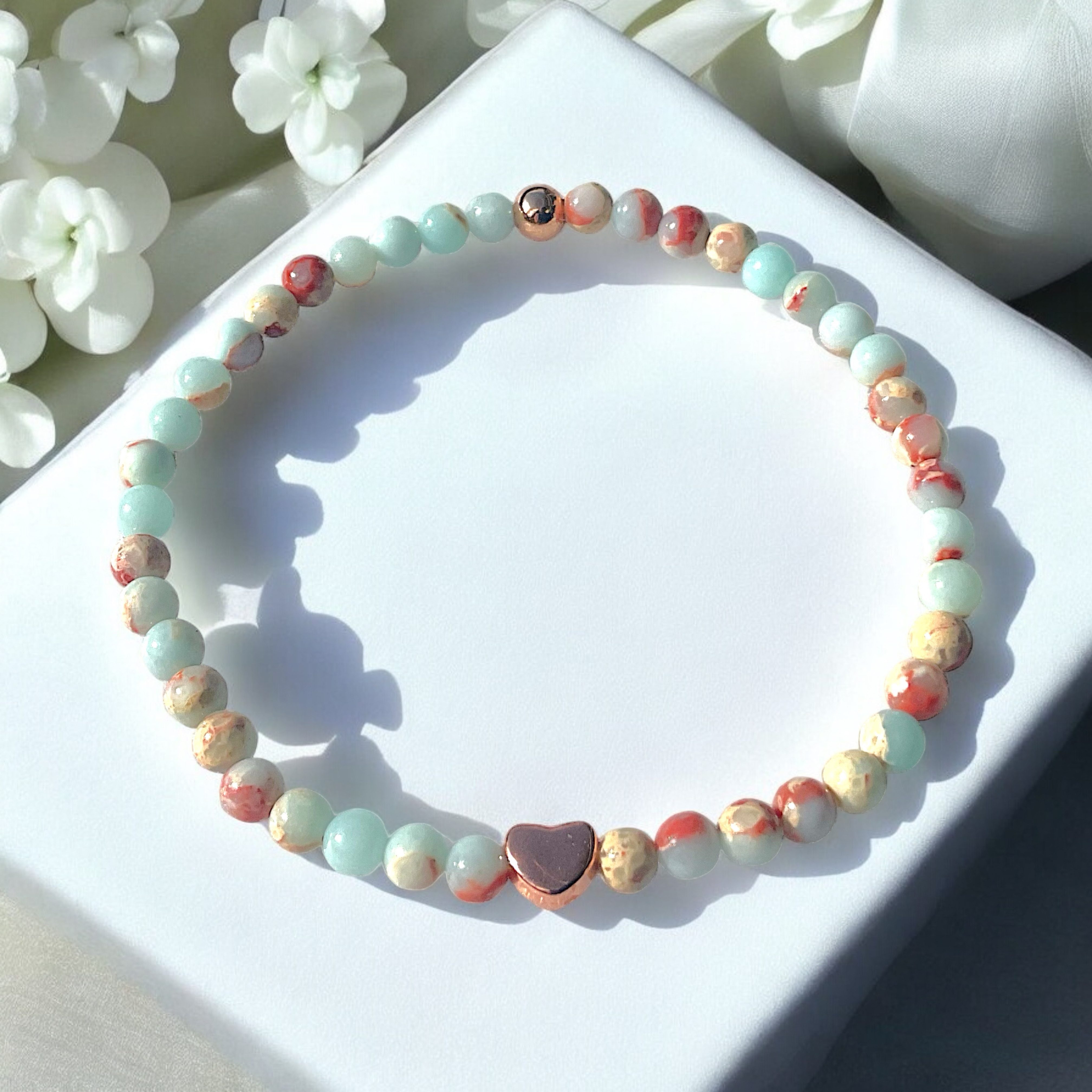 Steinfixx® Perlenarmband Shoushan Stone mit rosèplattierten Elementen, Hämatitperle (vergoldetem Herzchen, elegant, 1-tlg., Edelsteinarmband in eleganter Geschenkbox, Natursteine, Heilsteine), Gleichgewicht zwischen Körper und Seele