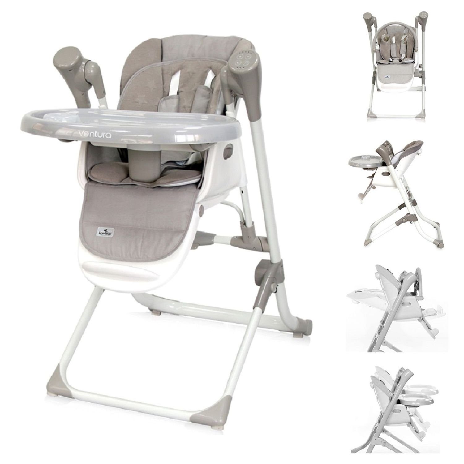 Lorelli Hochstuhl Kinderhochstuhl, Babywippe Ventura 2 in 1, ab Geburt, Musik, verstellbar beige grau