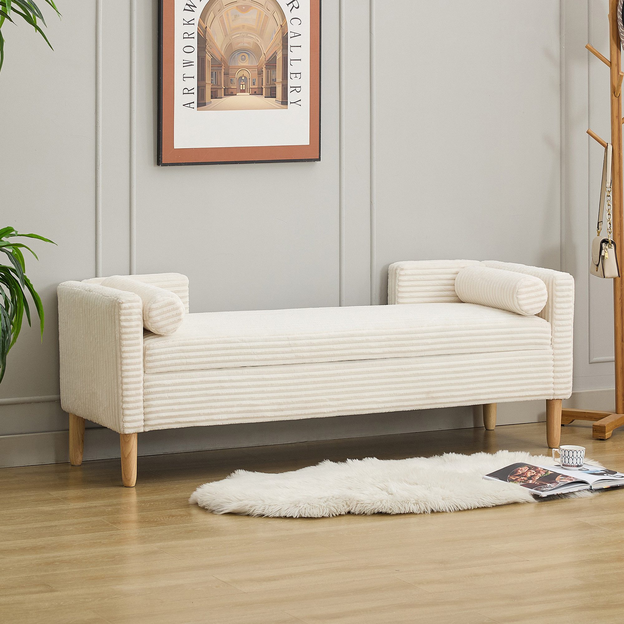 HAUSS SPOLE Sitzhocker mit 2 Rollkissen,Samt-Stauraumhocker Fußstütze,Schuhhocker,Elfenbein (Fußhocker mit Armlehnen und Rückenlehne), für Wohnzimmer, Eingangsbereich