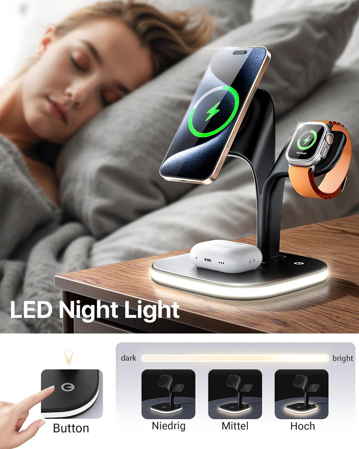 GreenHec Ladestation 3in1 MagSafe Ladegerät Kabellos Induktiv Charger Stand Wireless Charger (3 mA, Spar-Set, 3in1 PowerBase + USB-C Kabel + 20w Dual Charger, i – Bild 4 von 5
