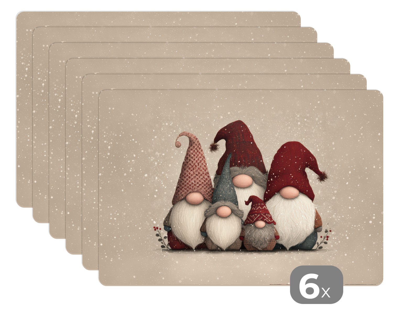 MuchoWow Platzset Wichtel - Weihnachten - Schnee - Zipfelmützen, (6-St), Platzsets, Tischset, Abwaschbar, Tischsets, Platzdeckchen