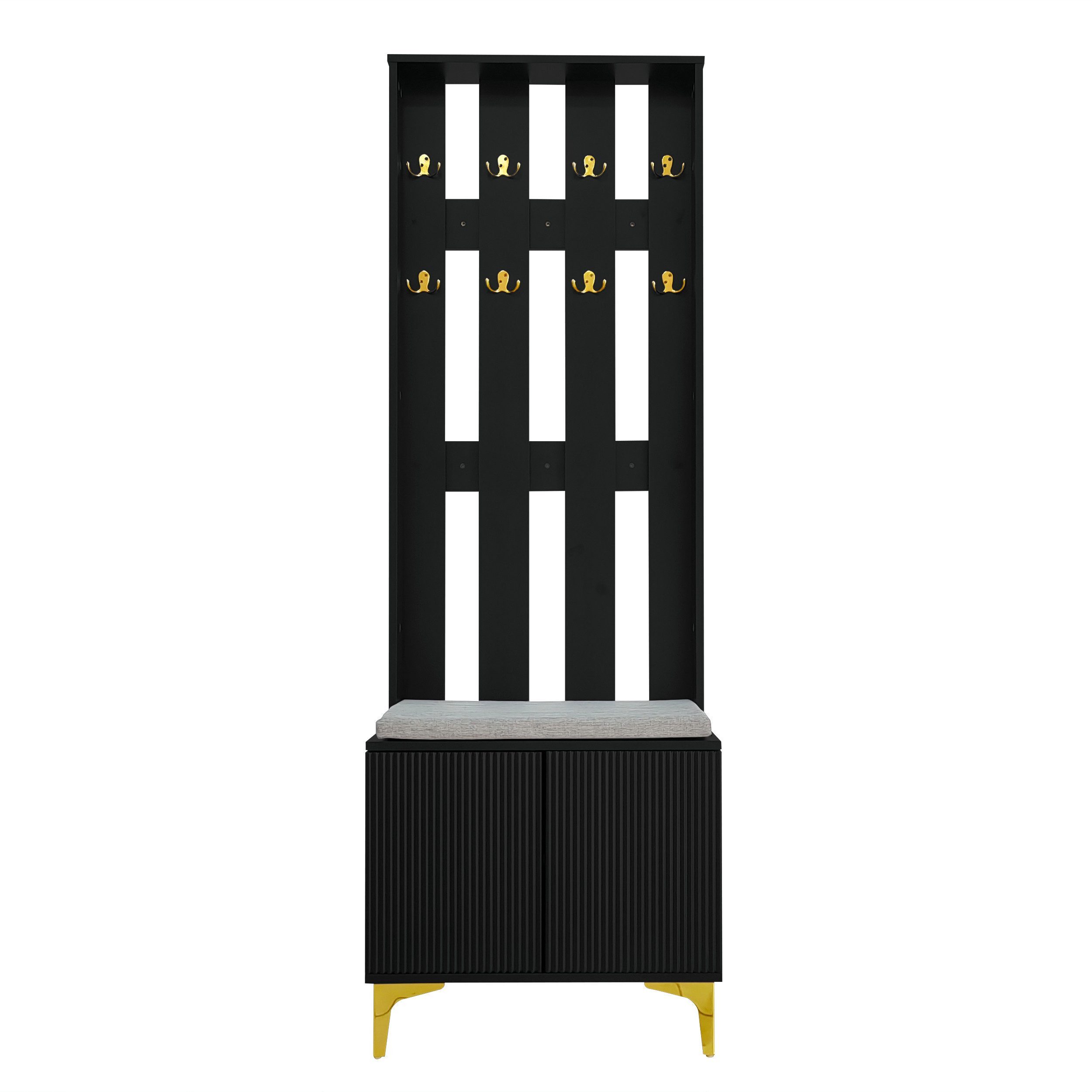 BBWL Garderobenleiste Garderobenset mit Schuhbank, grauem Kissen & goldenen Haken (180 cm hoch, Push-to-Open-Tür mit Wellenstruktur, verstellbare Regale, Soft-Close-Scharniere – Stilvolle Flurgarderobe mit Stauraum & Sitzgelegenheit, modernes Design mit goldfarbenen Details, 60,5 cm breit, 60 kg belastbar)