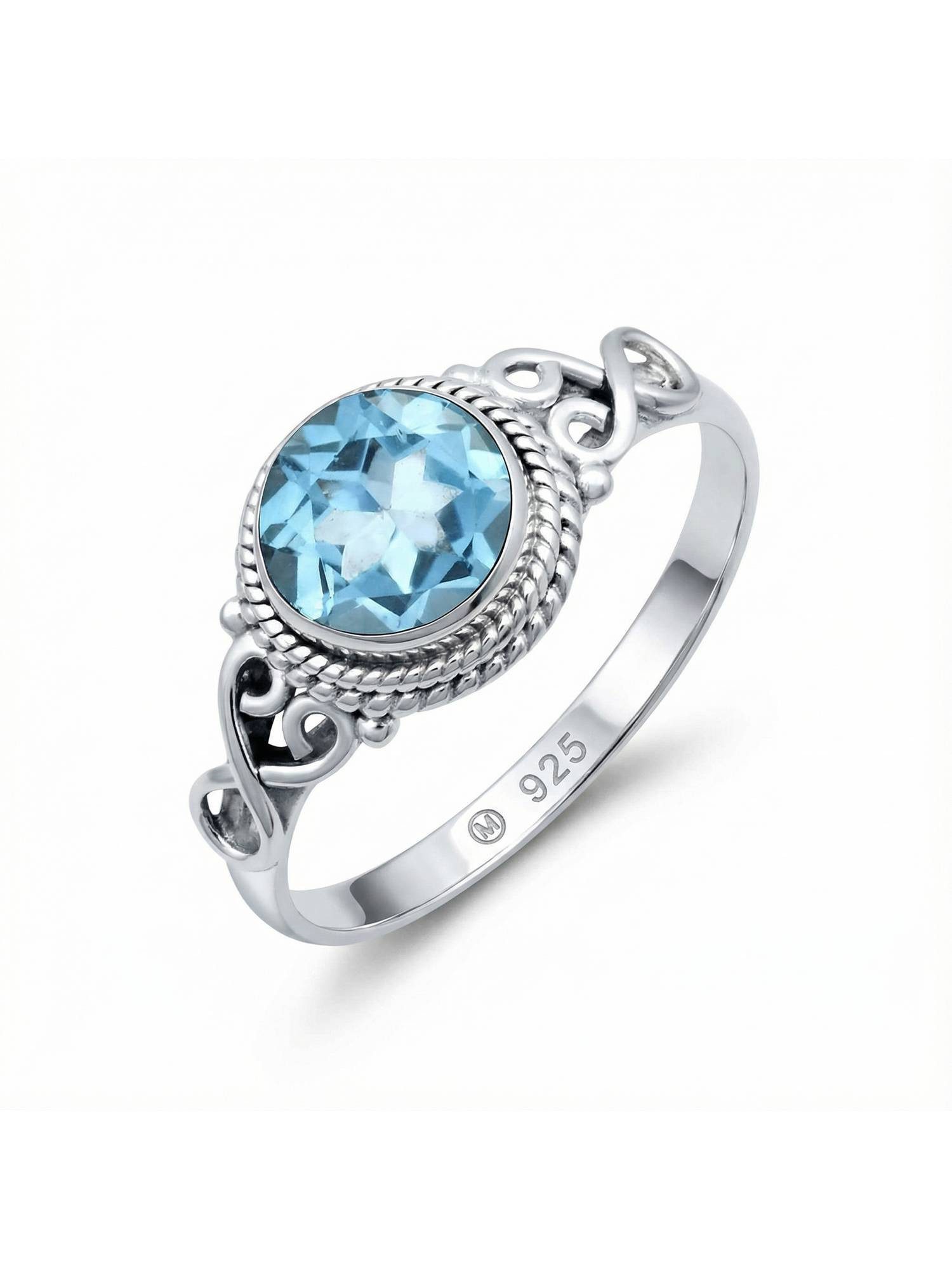 mantraroma Silberring BAGHIMI rund aus 925 Silber mit blau Topas (Ring mit Schmuckbeutel), Damenring aus 925er Silber